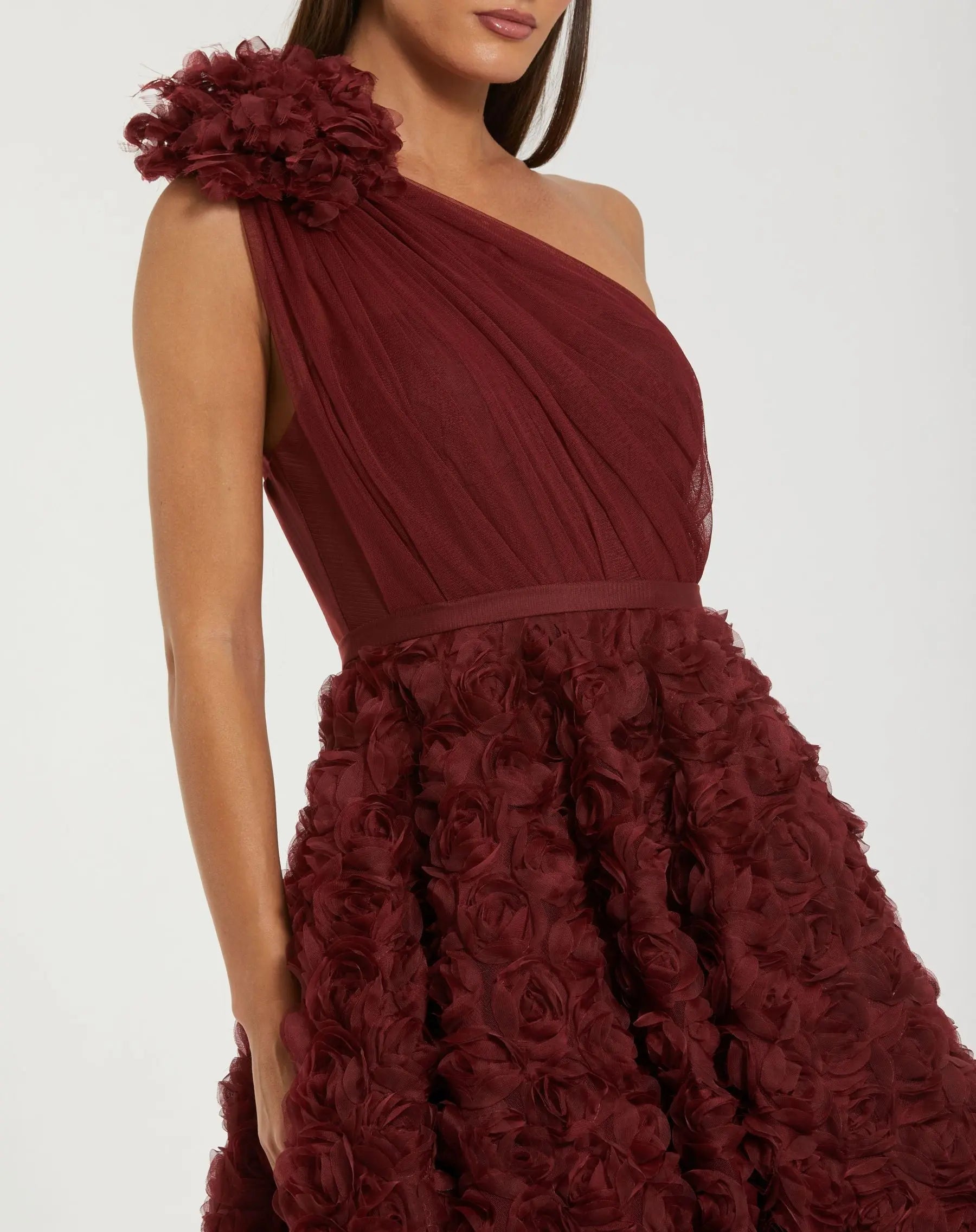 Red One Shoulder Rosette A Line Midi Dress with 3D Flower Ieena for Mac Duggal