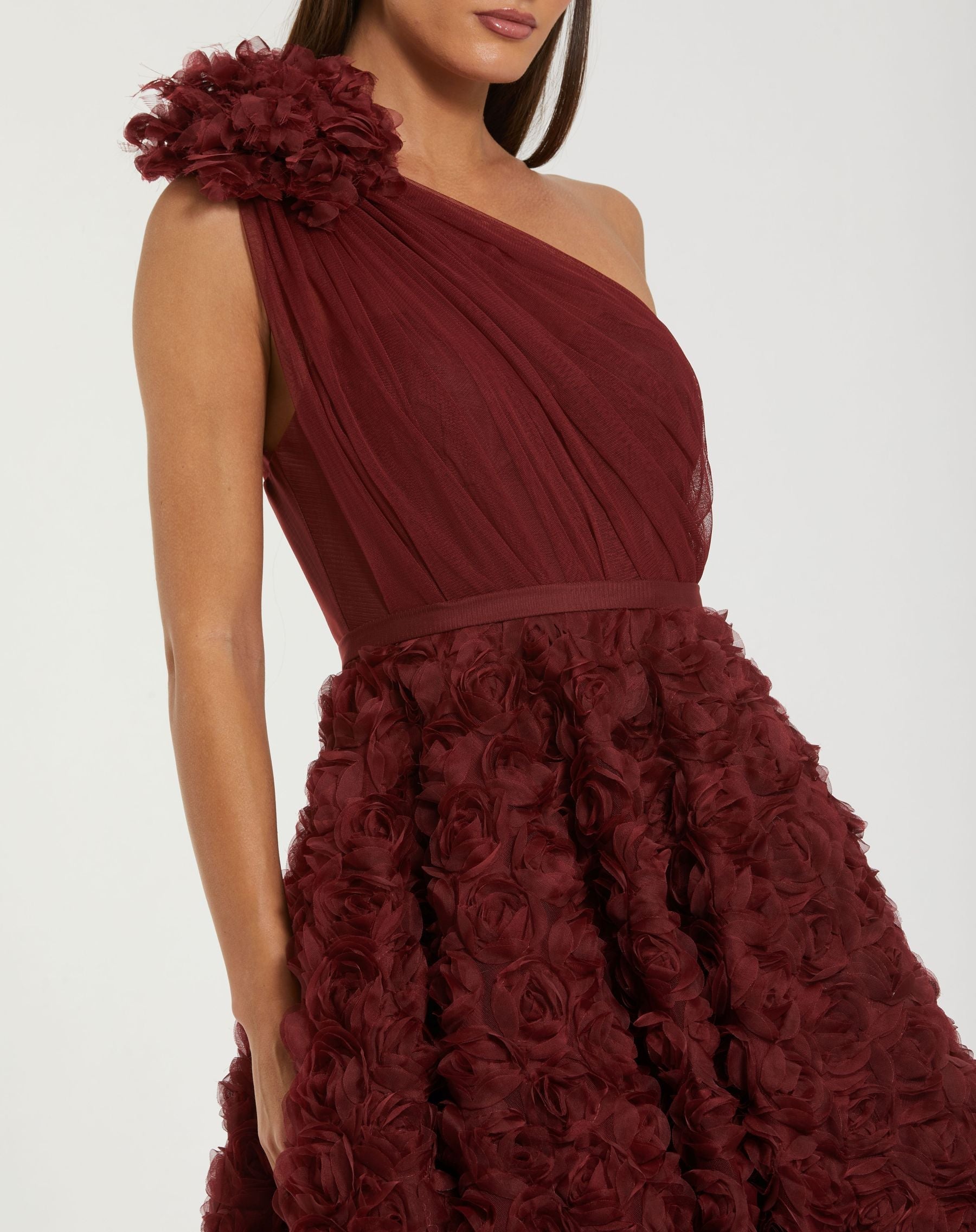 Red One Shoulder Rosette A Line Midi Dress with 3D Flower - Ieena for Mac Duggal