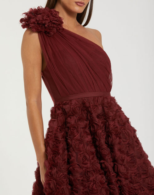 Red One Shoulder Rosette A Line Midi Dress with 3D Flower - Ieena for Mac Duggal
