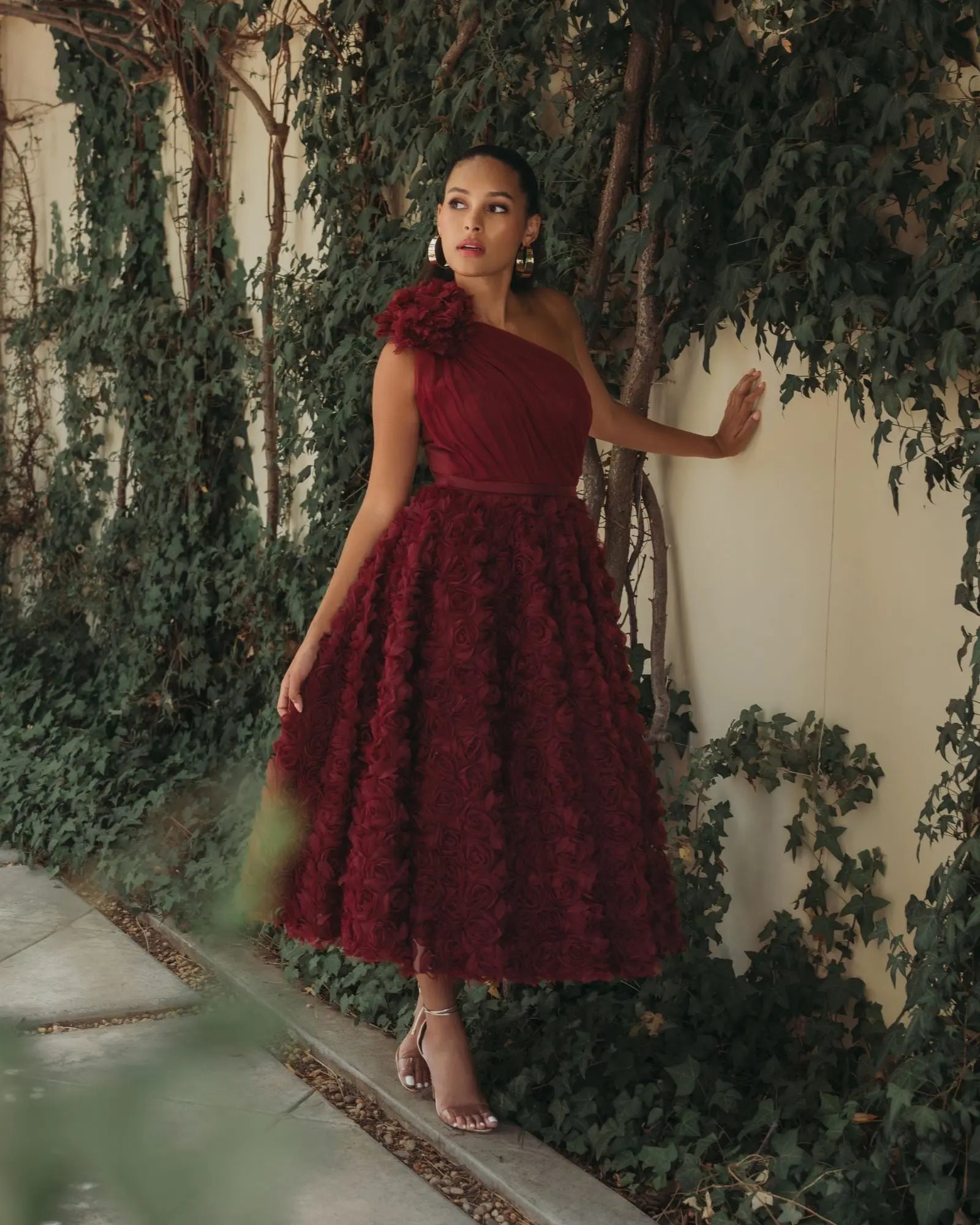 Red One Shoulder 3D Floral Rosette Midi Dress - Ieena for Mac Duggal