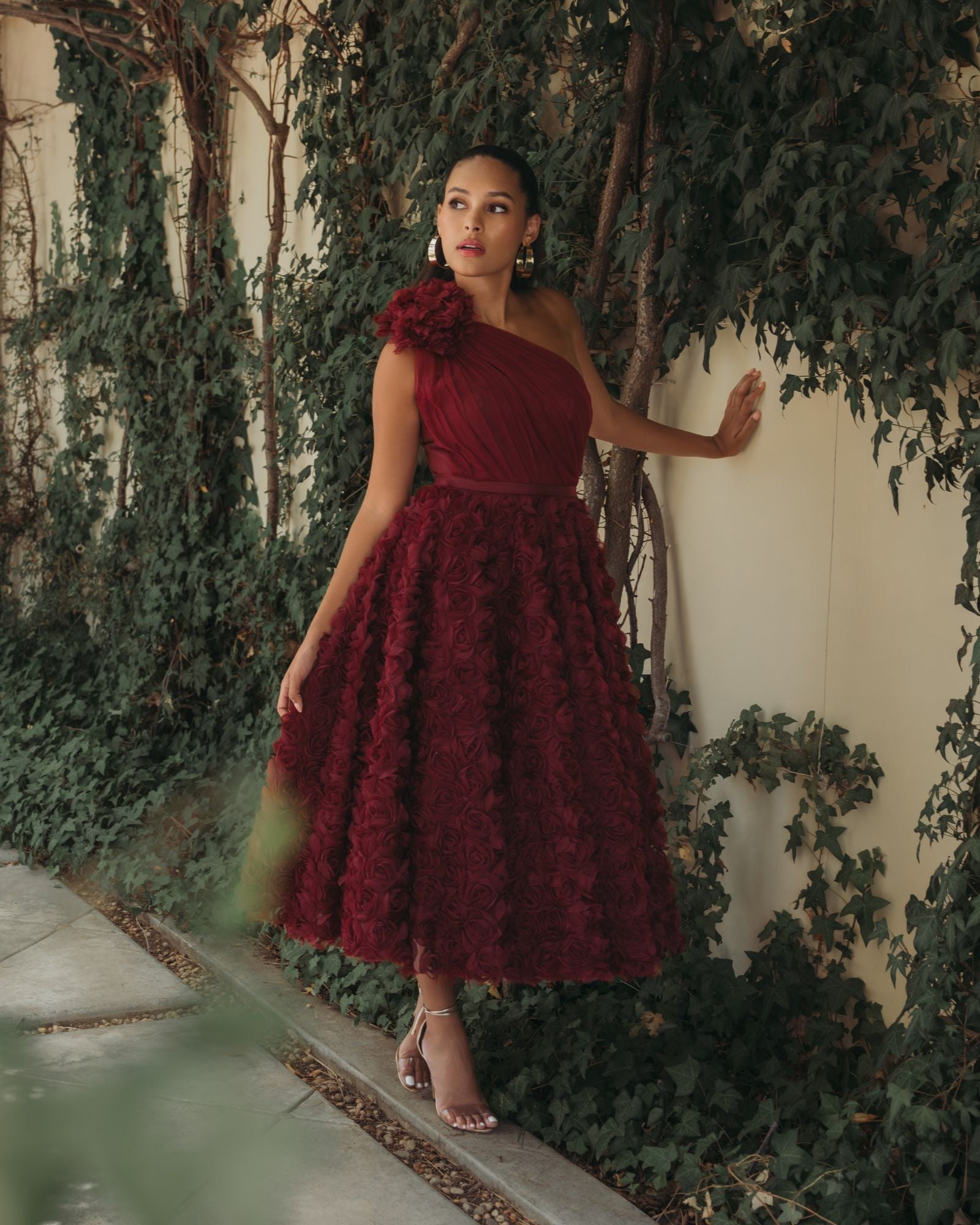 Red One Shoulder Rosette A Line Midi Dress with 3D Flower - Ieena for Mac Duggal
