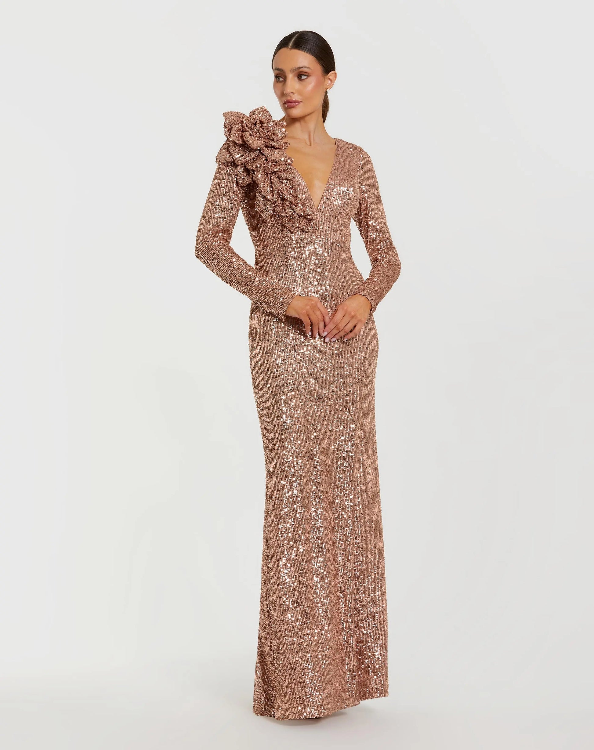 Mac Duggal V-Neck Long Sleeve 3D Floral Sequin Gown - Copper Mac Duggal V-Neck Long Sleeve 3D Floral Sequin Gown - Copper
