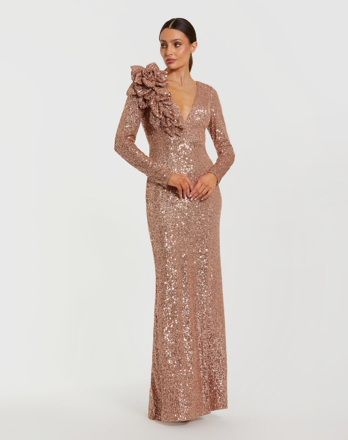 Light Pink Long Sleeve V Neck Sequin Gown With 3D Flower - Ieena for Mac Duggal