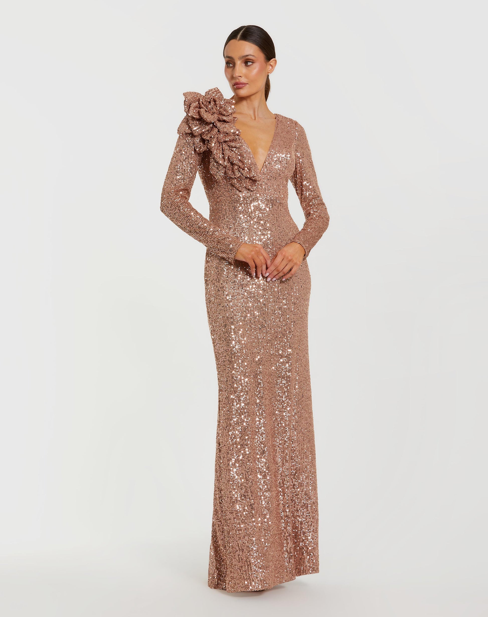 Light Pink Long Sleeve V Neck Sequin Gown With 3D Flower - Ieena for Mac Duggal