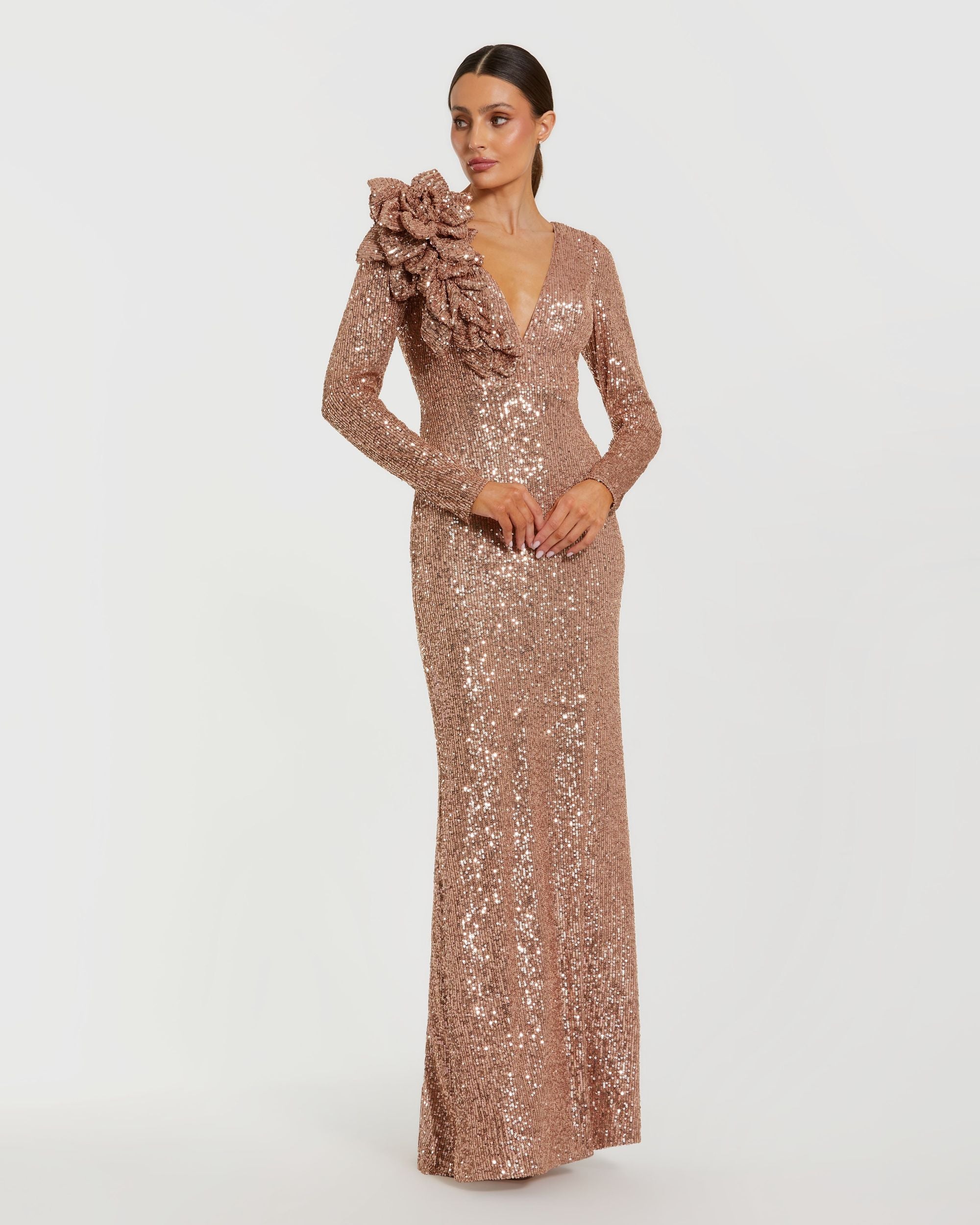 Light Pink Long Sleeve V Neck Sequin Gown With 3D Flower - Ieena for Mac Duggal