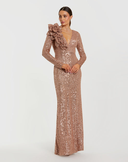 Light Pink Long Sleeve V Neck Sequin Gown With 3D Flower - Ieena for Mac Duggal