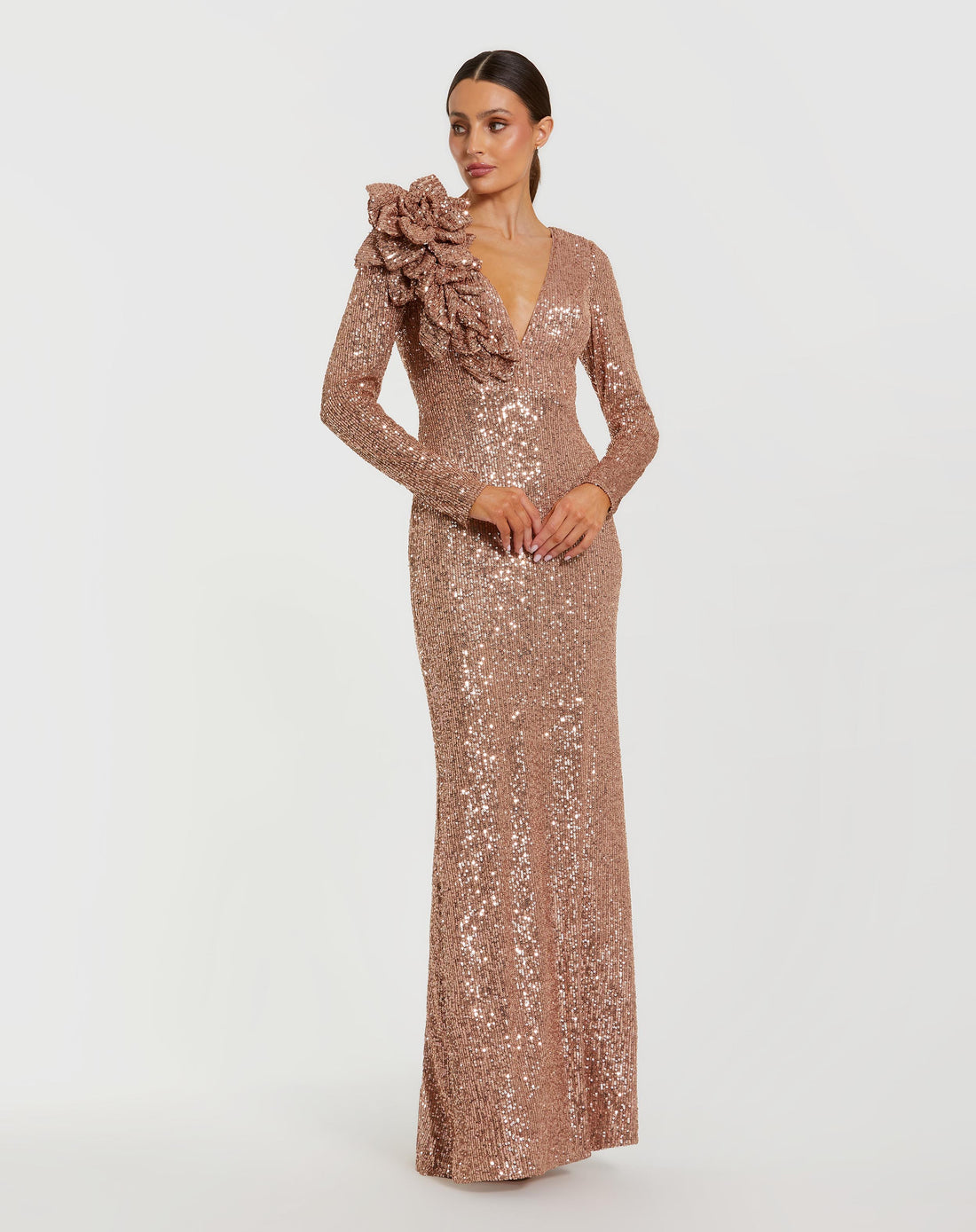 Light Pink Long Sleeve V Neck Sequin Gown With 3D Flower - Ieena for Mac Duggal