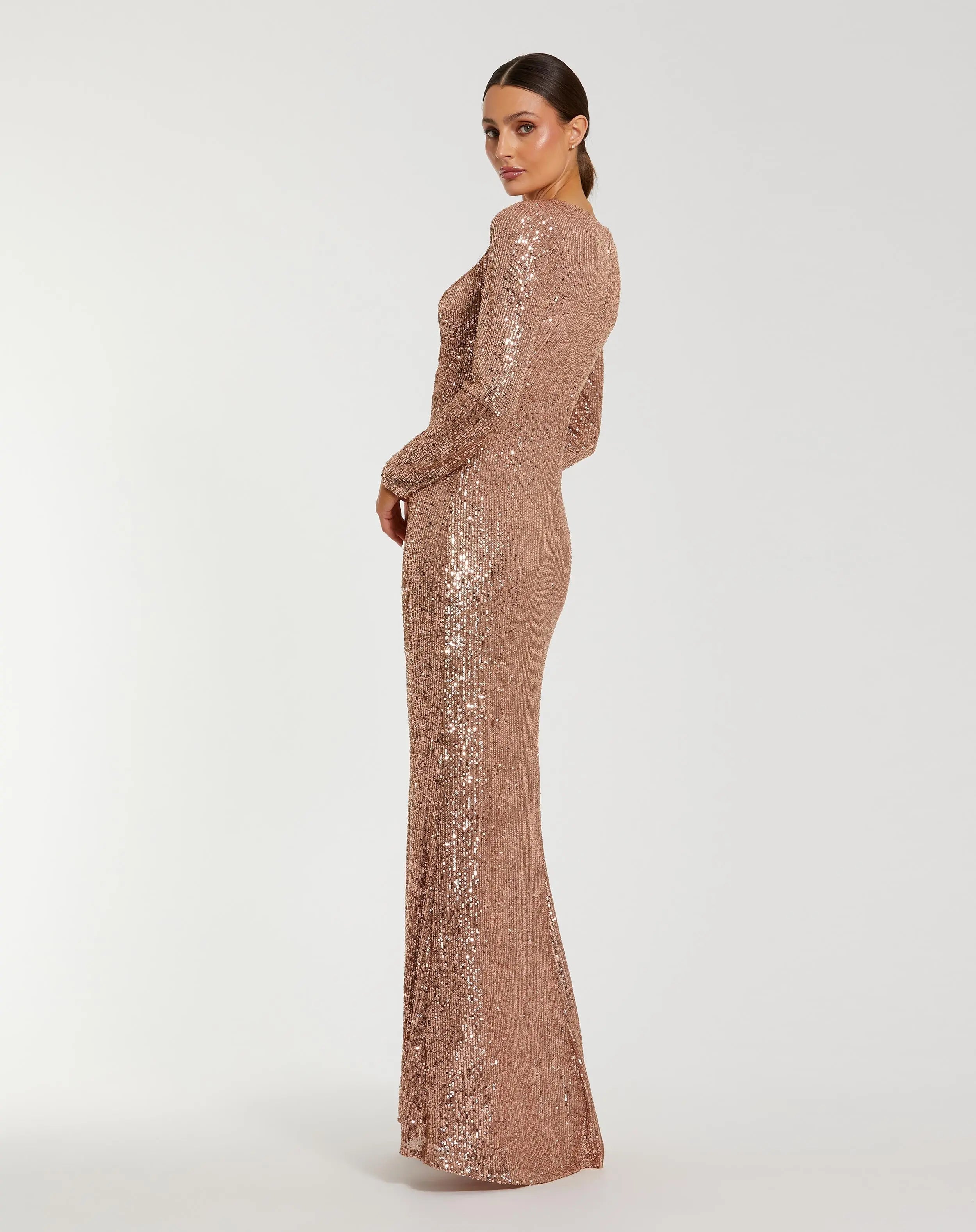 Light Pink Long Sleeve V Neck Sequin Gown With 3D Flower - Ieena for Mac Duggal