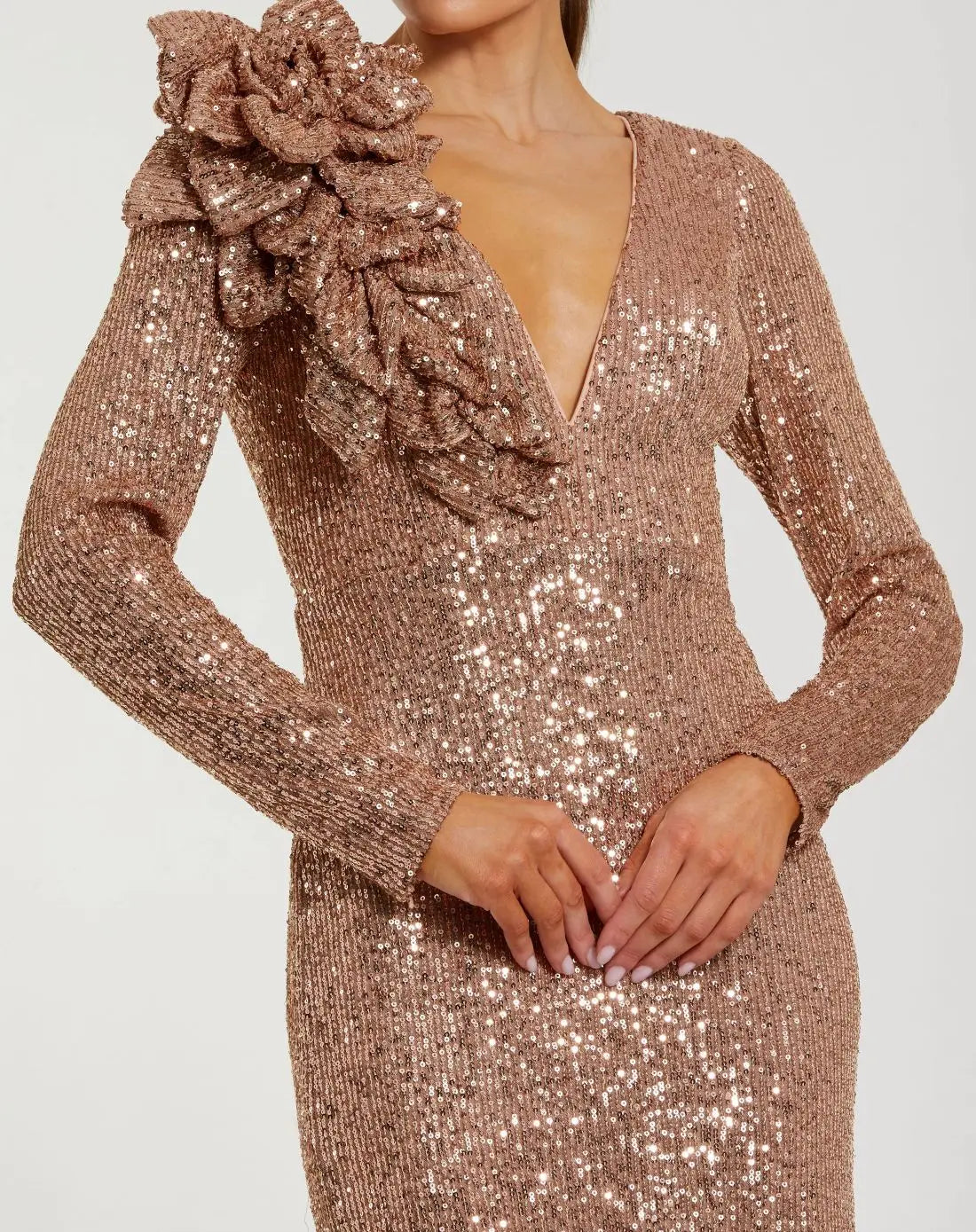 Mac Duggal V-Neck Long Sleeve 3D Floral Sequin Gown - Copper Mac Duggal V-Neck Long Sleeve 3D Floral Sequin Gown - Copper