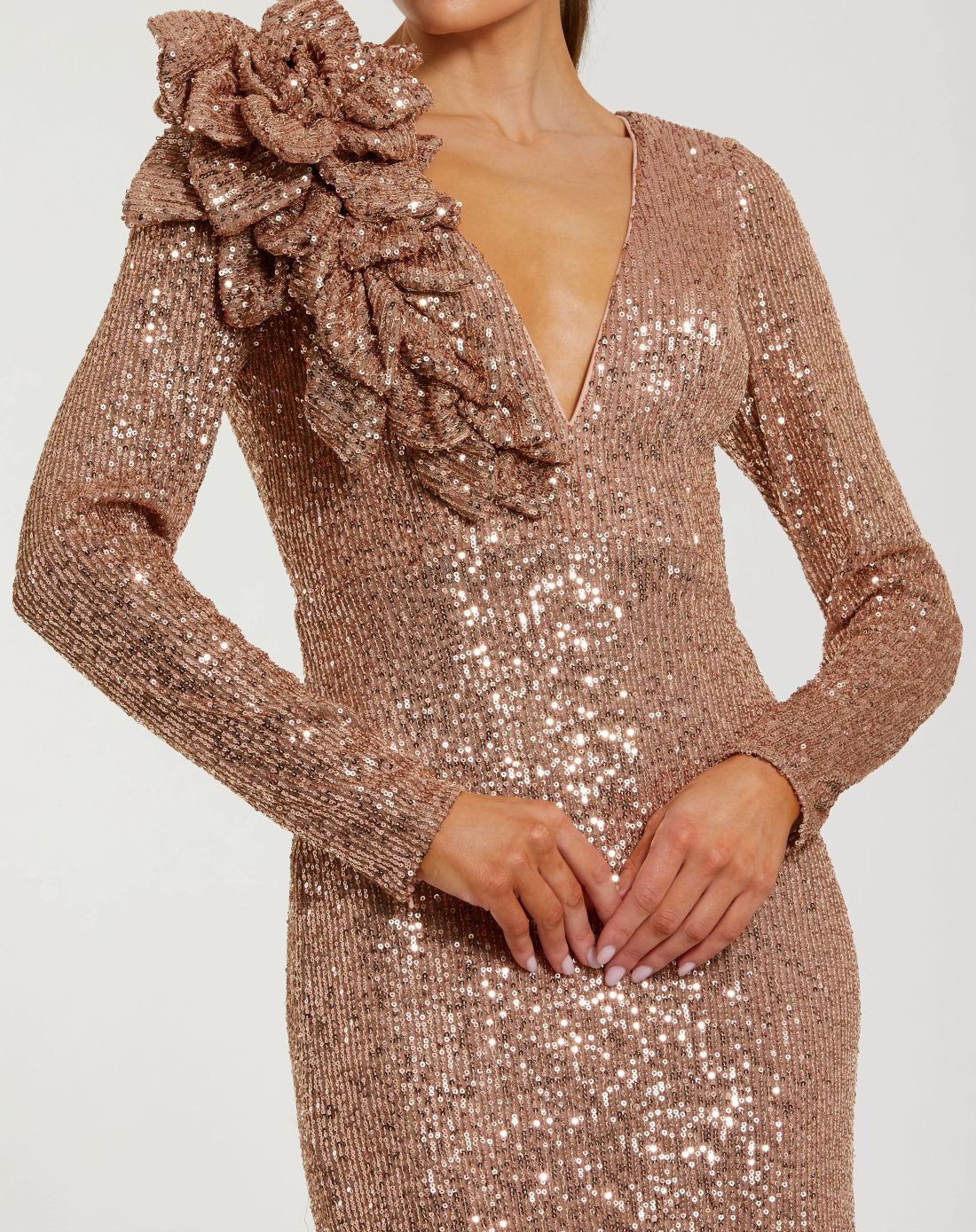 Light Pink Long Sleeve V Neck Sequin Gown With 3D Flower Ieena for Mac Duggal