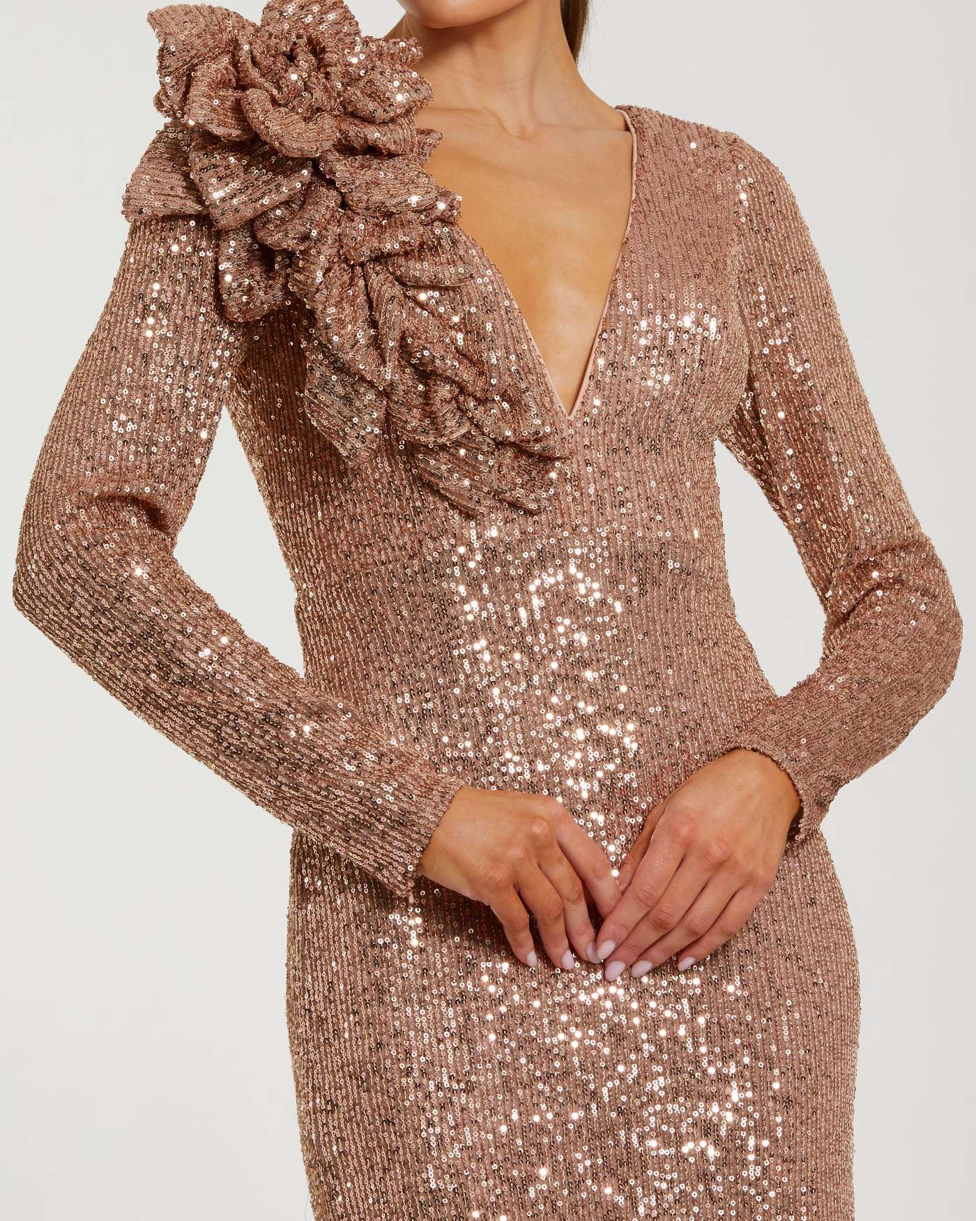 Light Pink Long Sleeve V Neck Sequin Gown With 3D Flower - Ieena for Mac Duggal
