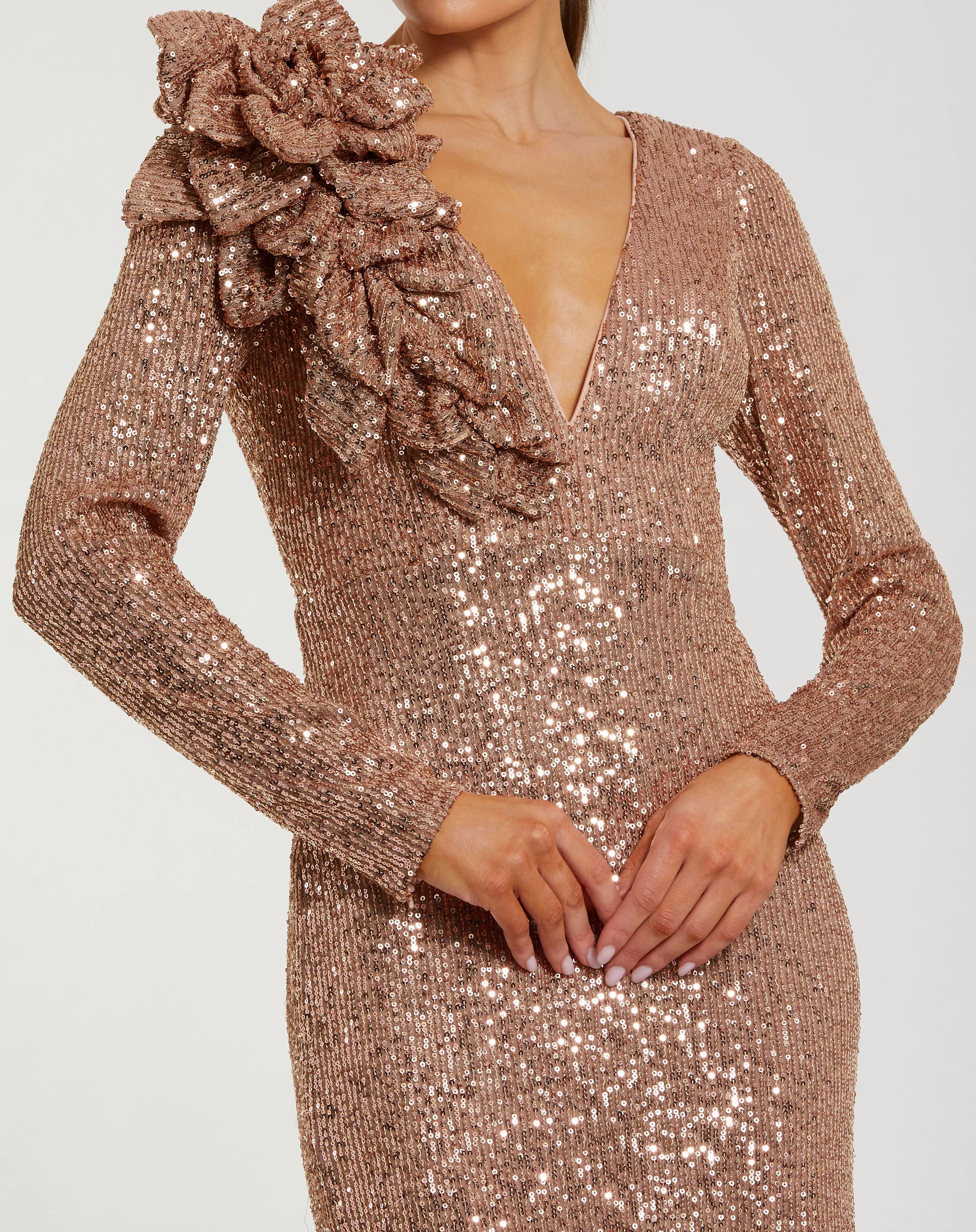 Light Pink Long Sleeve V Neck Sequin Gown With 3D Flower Ieena for Mac Duggal