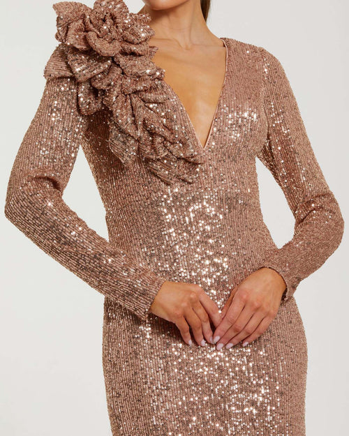 Light Pink Long Sleeve V Neck Sequin Gown With 3D Flower - Ieena for Mac Duggal