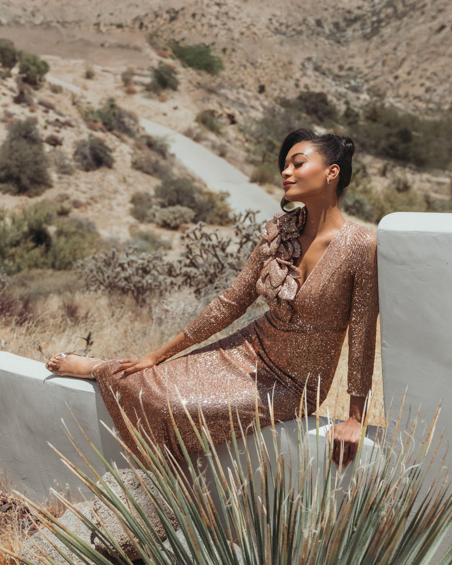 Light Pink Long Sleeve V Neck Sequin Gown With 3D Flower - Ieena for Mac Duggal