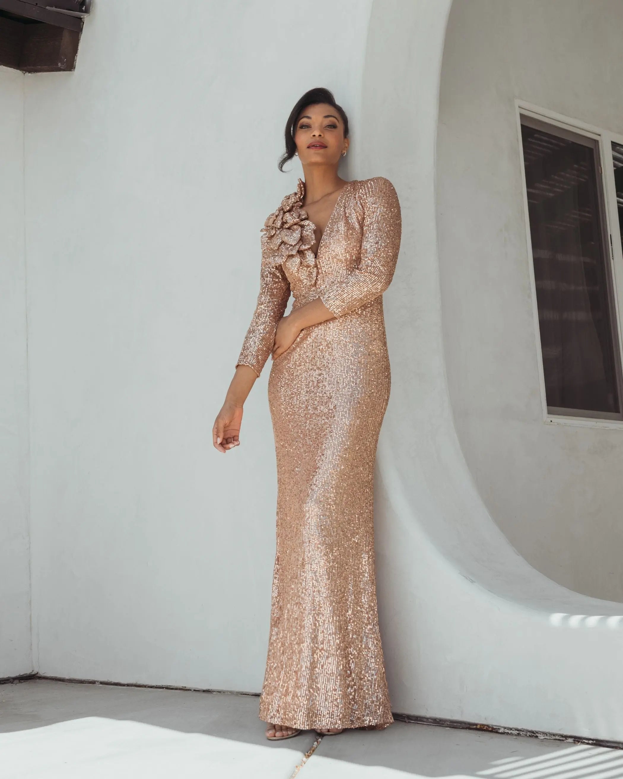 Light Pink Long Sleeve V Neck Sequin Gown With 3D Flower - Ieena for Mac Duggal