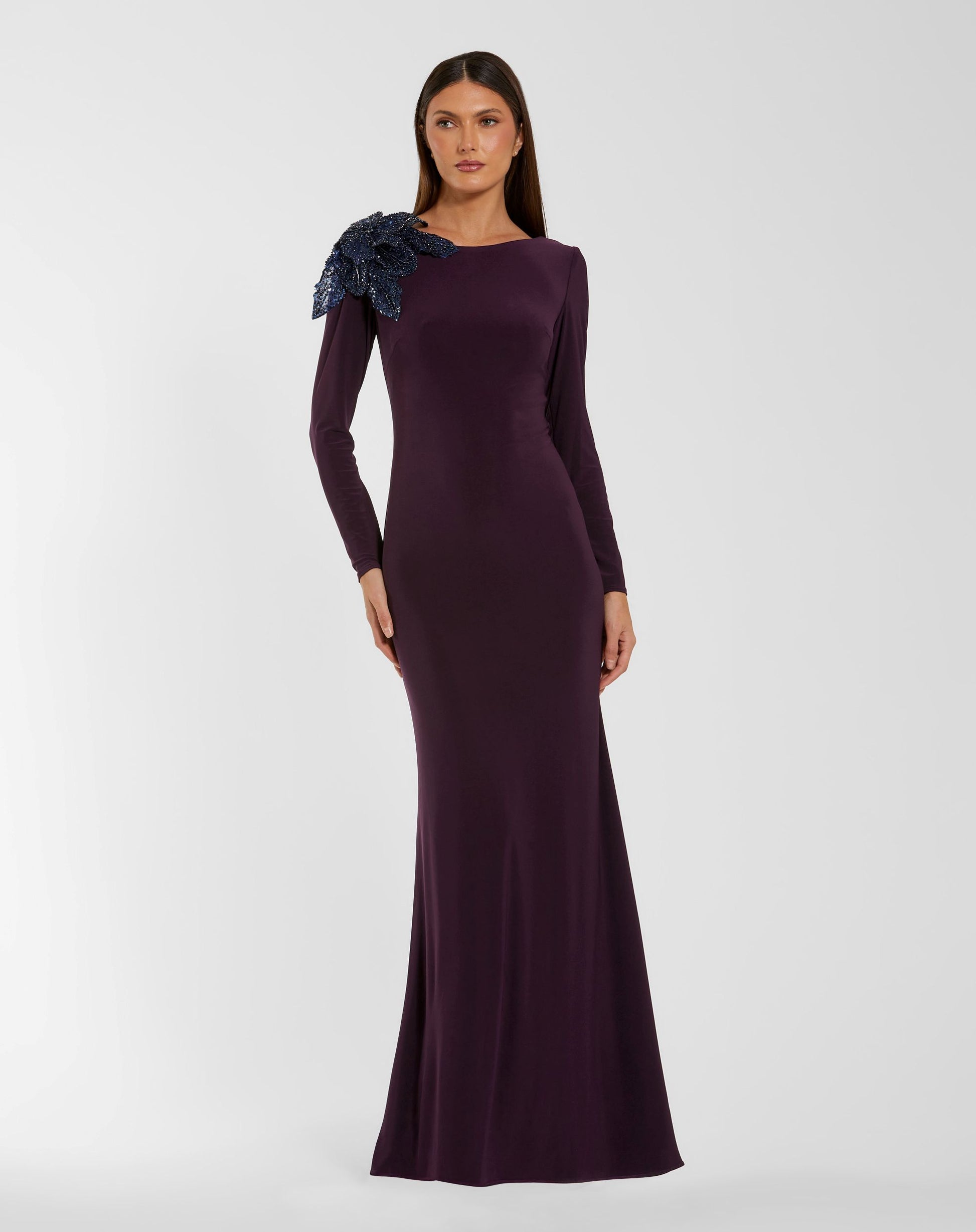 Purple Long Sleeve Jersey Gown With 3D Flower Mac Duggal