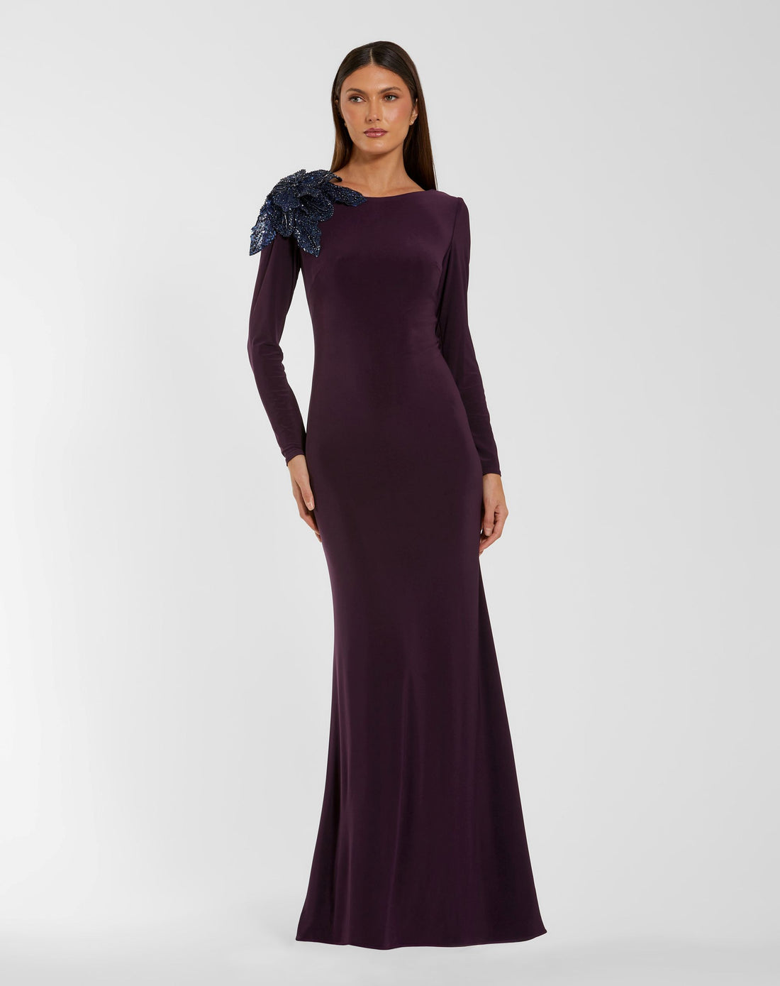 Purple Long Sleeve Jersey Gown With 3D Flower Mac Duggal