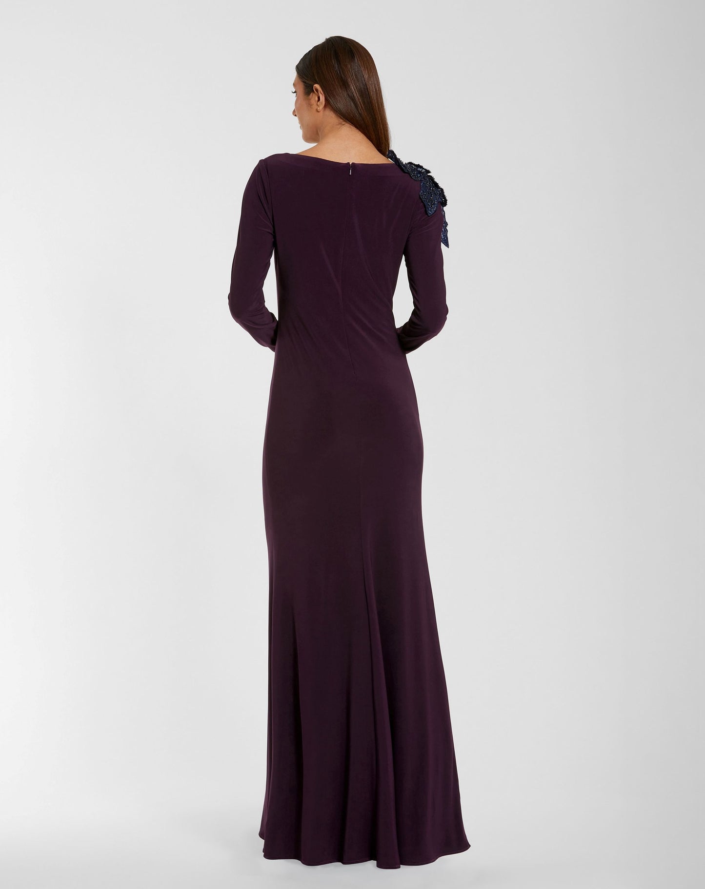 Purple Long Sleeve Jersey Gown With 3D Flower Mac Duggal