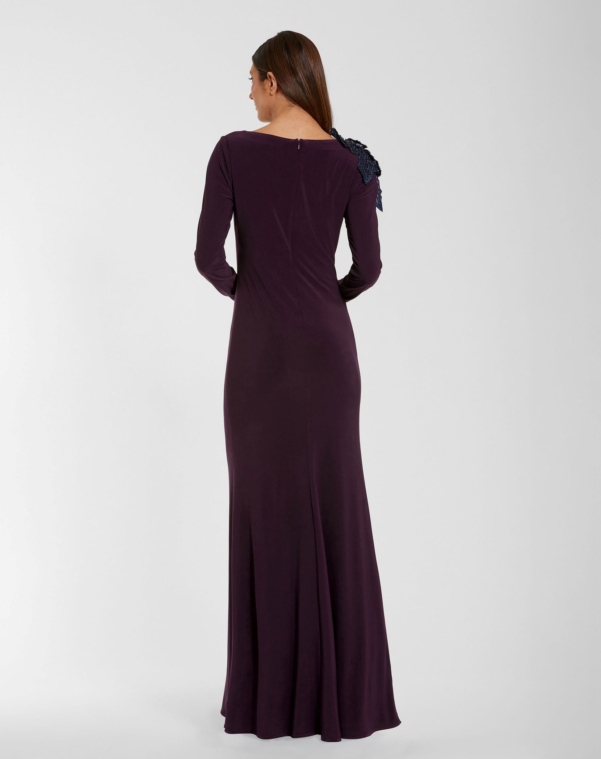 Purple Long Sleeve Jersey Gown With 3D Flower Mac Duggal