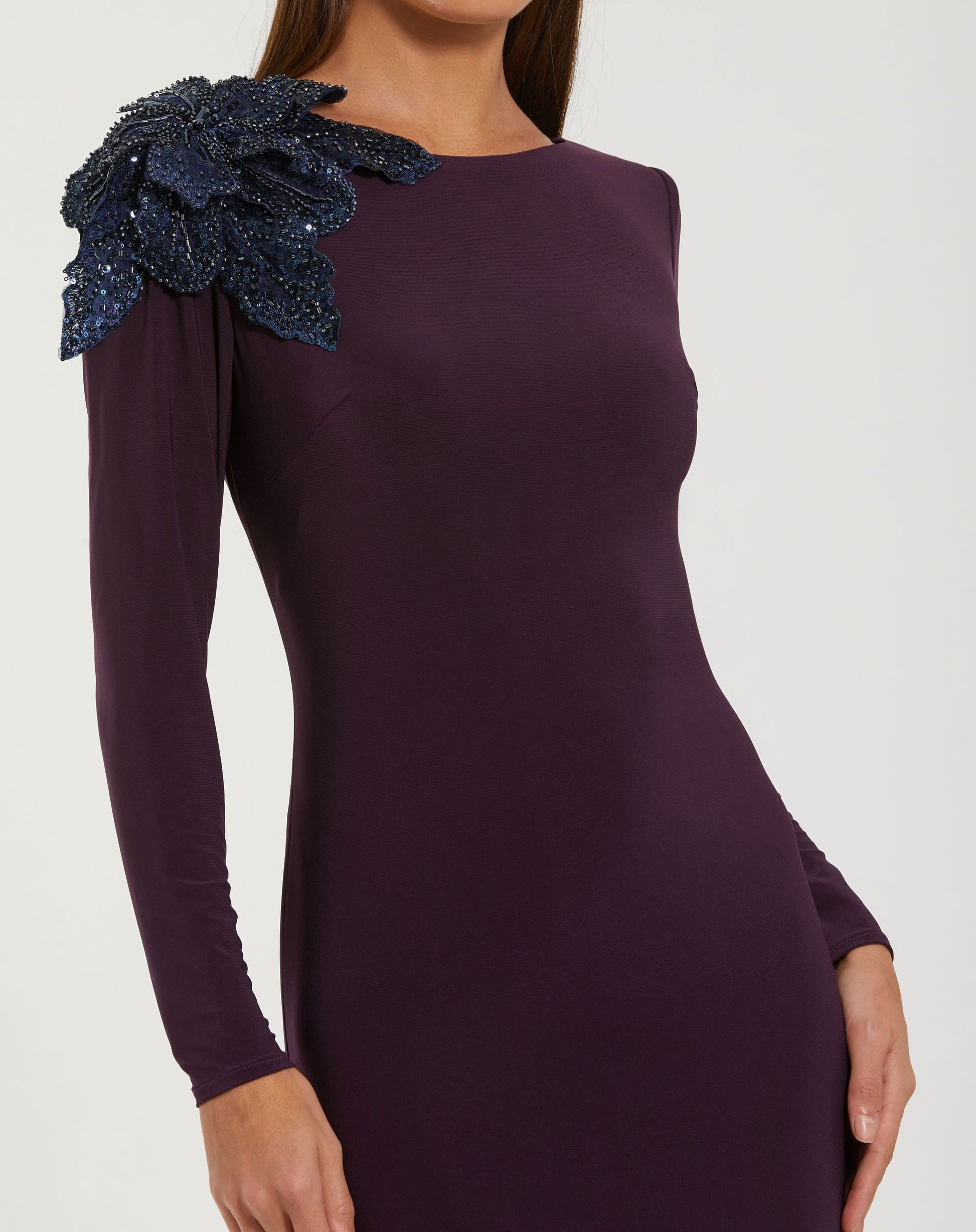 Purple Long Sleeve Jersey Gown With 3D Flower Mac Duggal