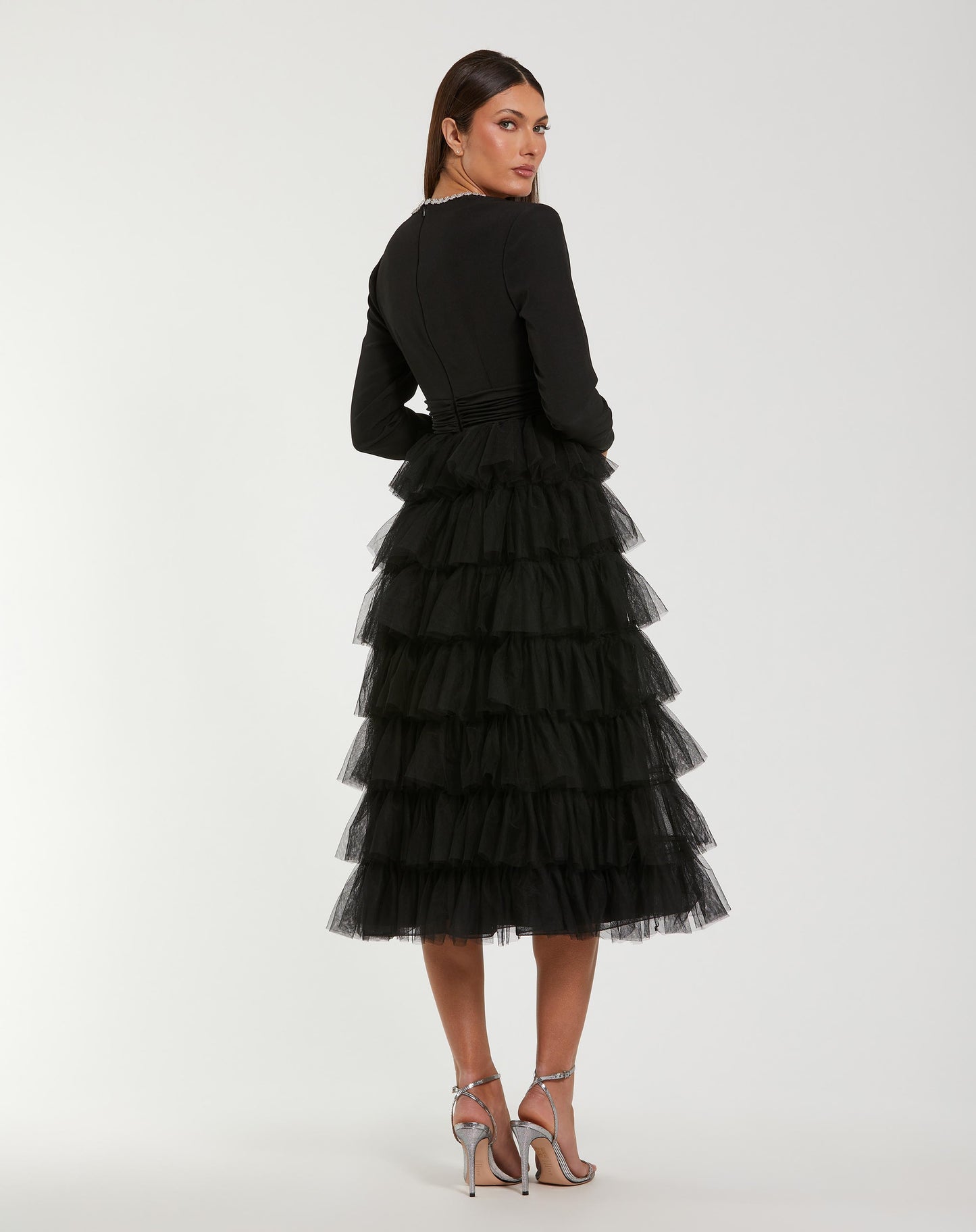 Black Crystal Trim Tiered Tulle Midi Dress Mac Duggal