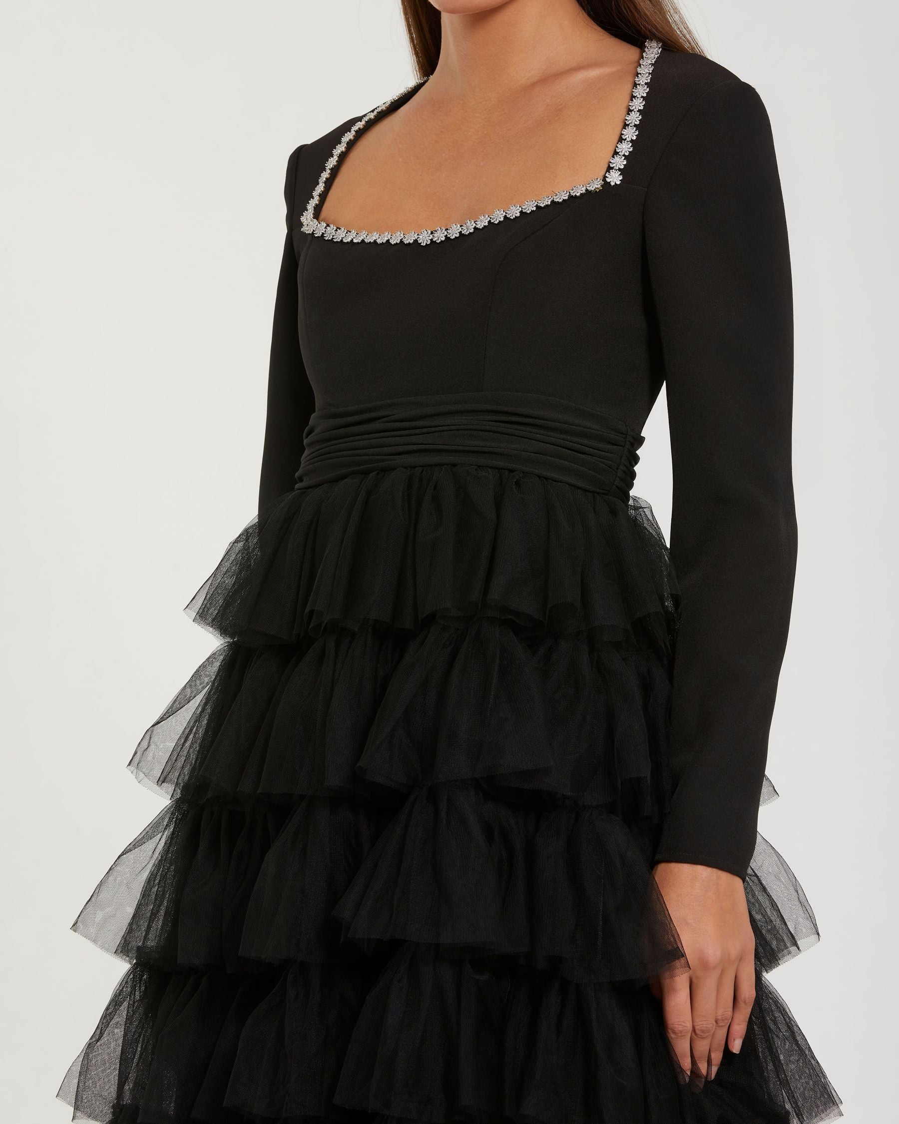 Black Crystal Trim Tiered Tulle Midi Dress