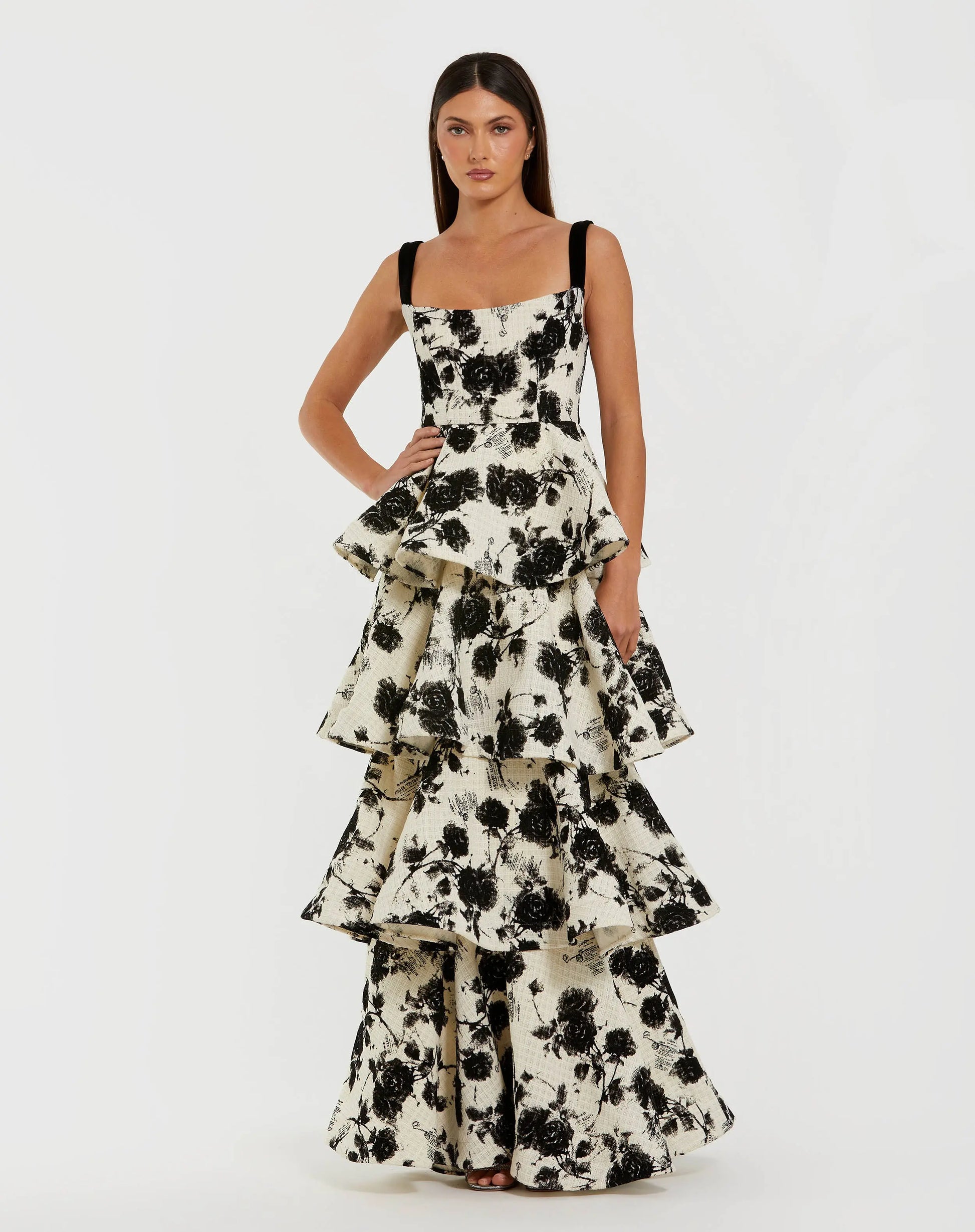 Black and White Floral Boucle Tiered Ruffle Gown | Mac Duggal Black and White Floral Boucle Tiered Ruffle Gown | Mac Duggal