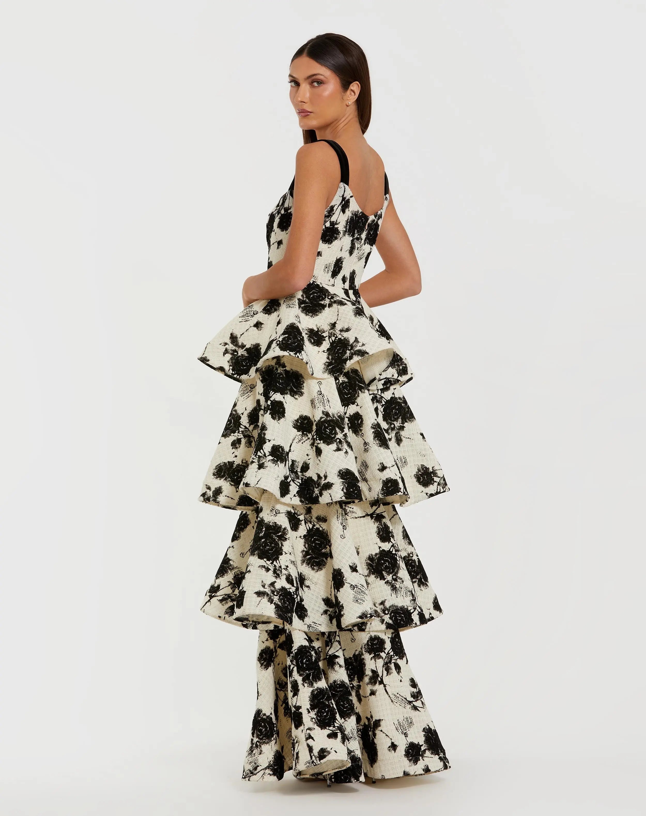 Black and White Floral Boucle Tiered Ruffle Gown - Ieena for Mac Duggal