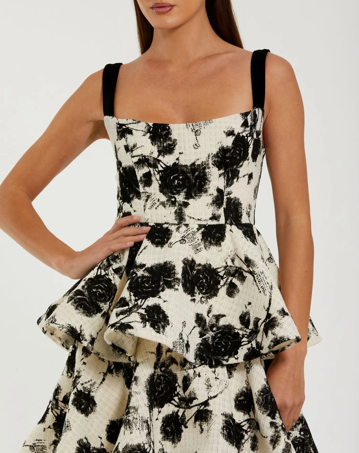 Black and White Floral Boucle Tiered Ruffle Gown - Ieena for Mac Duggal