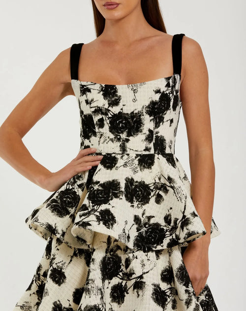 Black and White Floral Boucle Tiered Ruffle Gown - Ieena for Mac Duggal