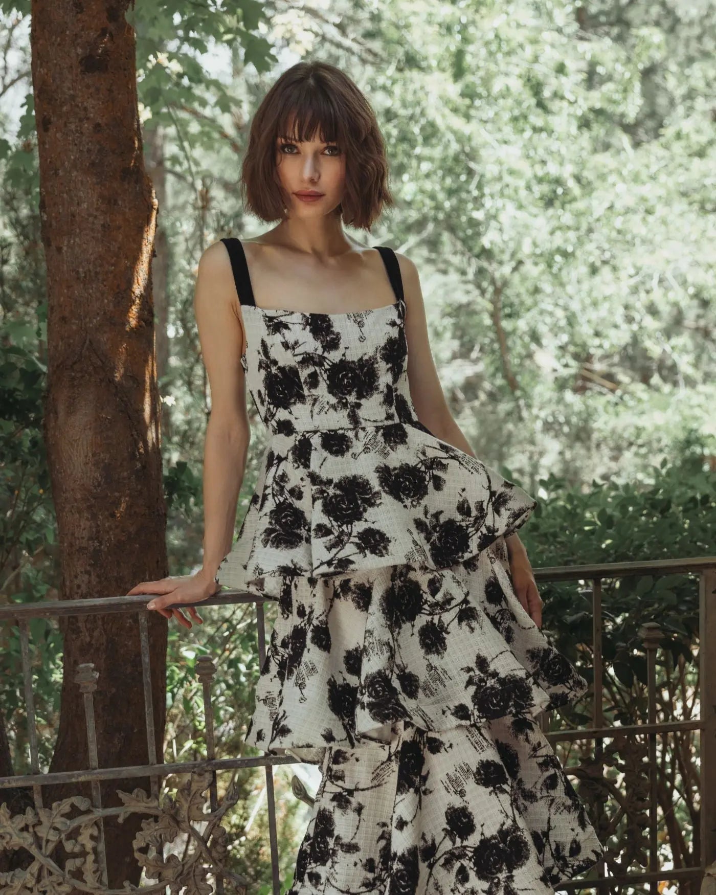 Black and White Floral Boucle Tiered Ruffle Gown - Ieena for Mac Duggal