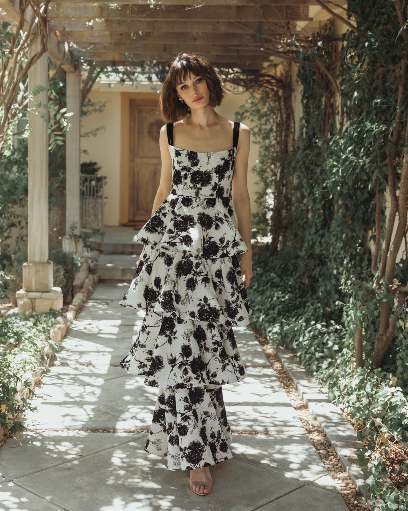 Black and White Floral Boucle Tiered Ruffle Gown - Ieena for Mac Duggal