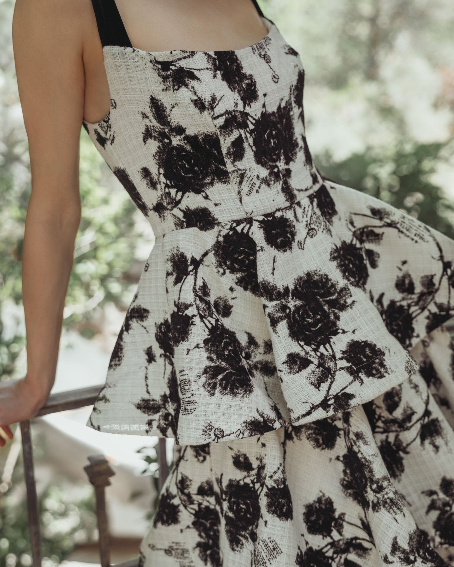 Black and White Floral Boucle Tiered Ruffle Gown - Ieena for Mac Duggal