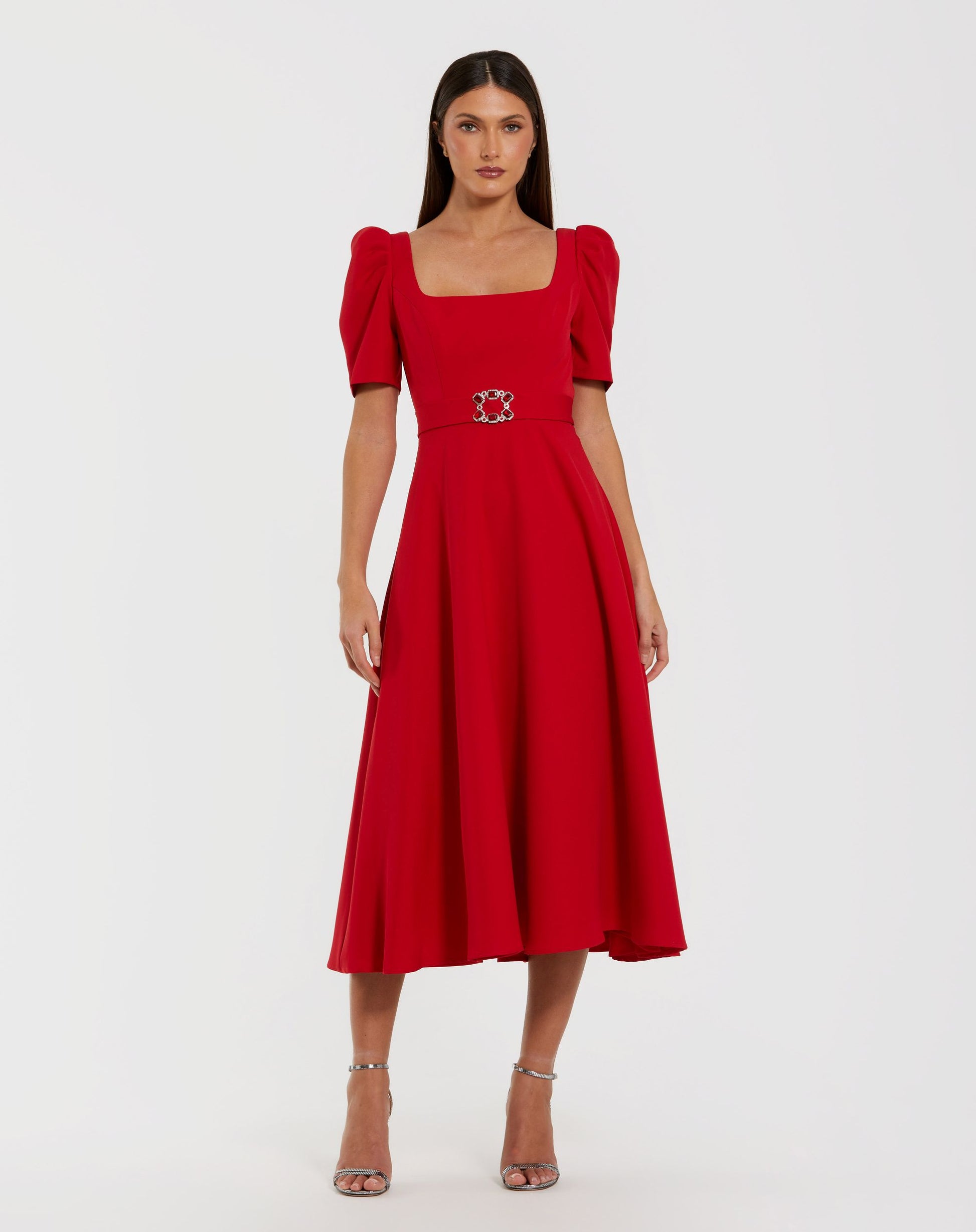 Red Square Neck Short Sleeve Midi Dress With Belt - Ieena for Mac Duggal