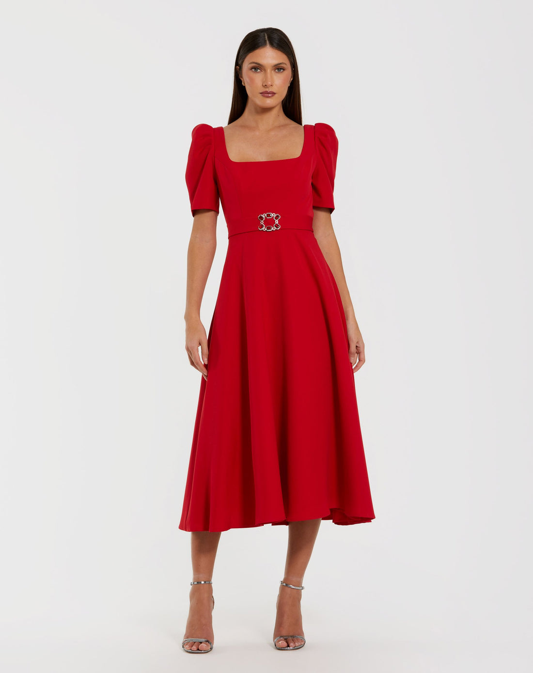 Red Square Neck Short Sleeve Midi Dress With Belt - Ieena for Mac Duggal