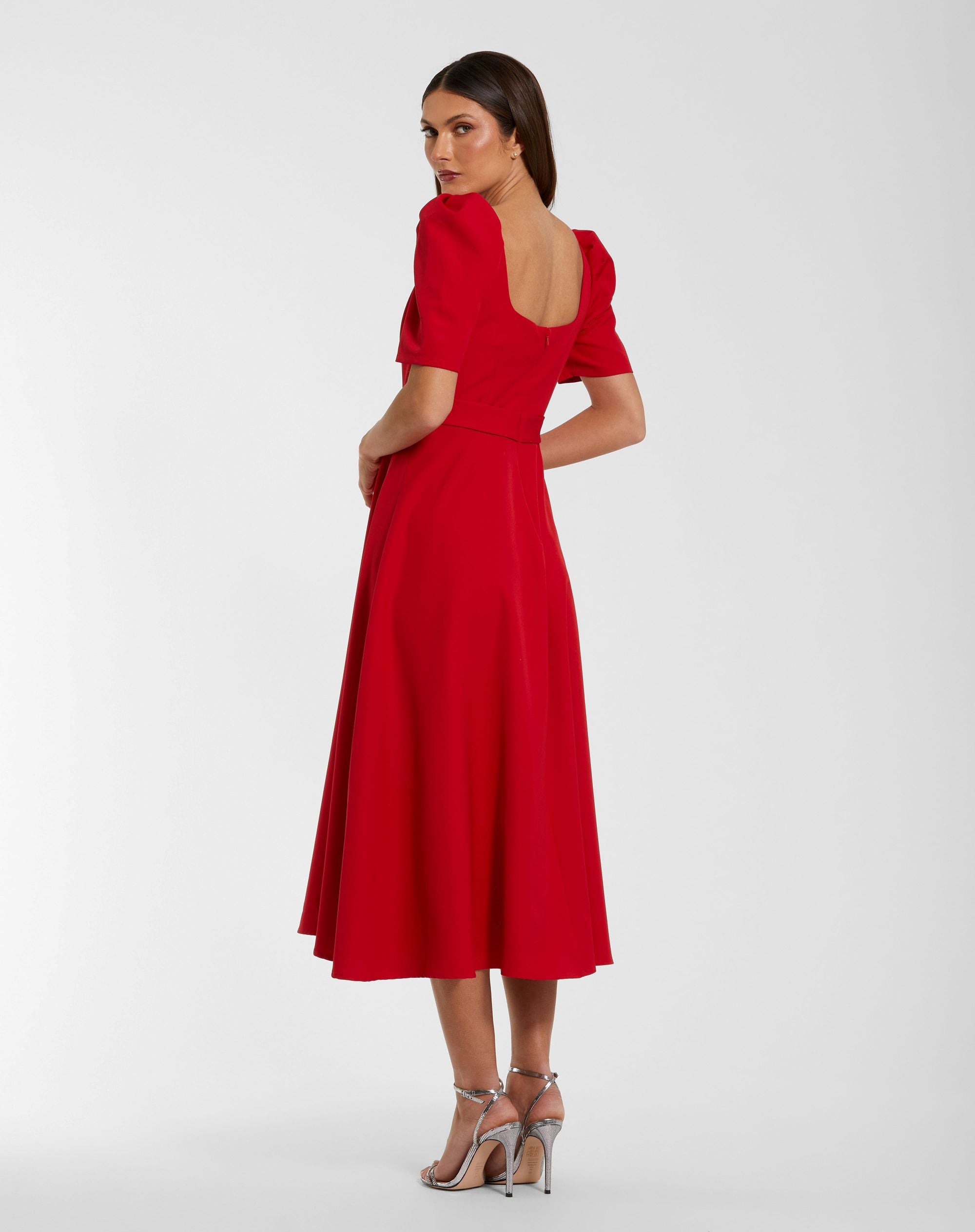 Red Square Neck Short Sleeve Midi Dress With Belt - Ieena for Mac Duggal
