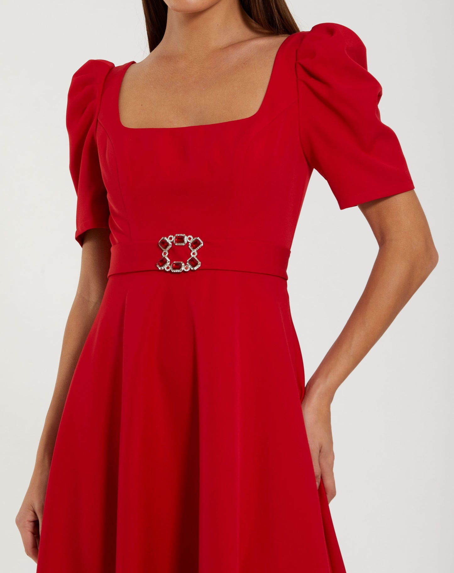 Red Square Neck Short Sleeve Midi Dress With Belt - Ieena for Mac Duggal