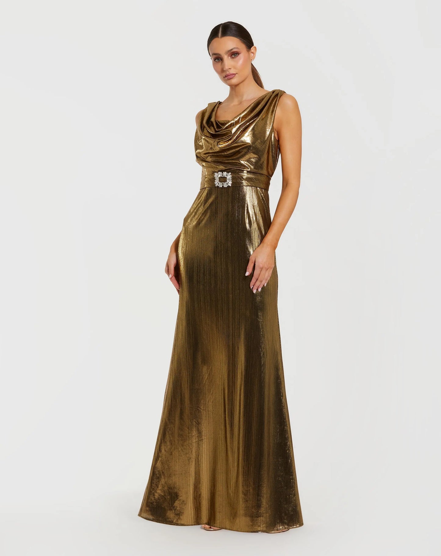 Mac Duggal Metallic Sleeveless Cowl Neck Trumpet Gown with Belt - Antique Gold Mac Duggal Metallic Sleeveless Cowl Neck Trumpet Gown with Belt - Antique Gold