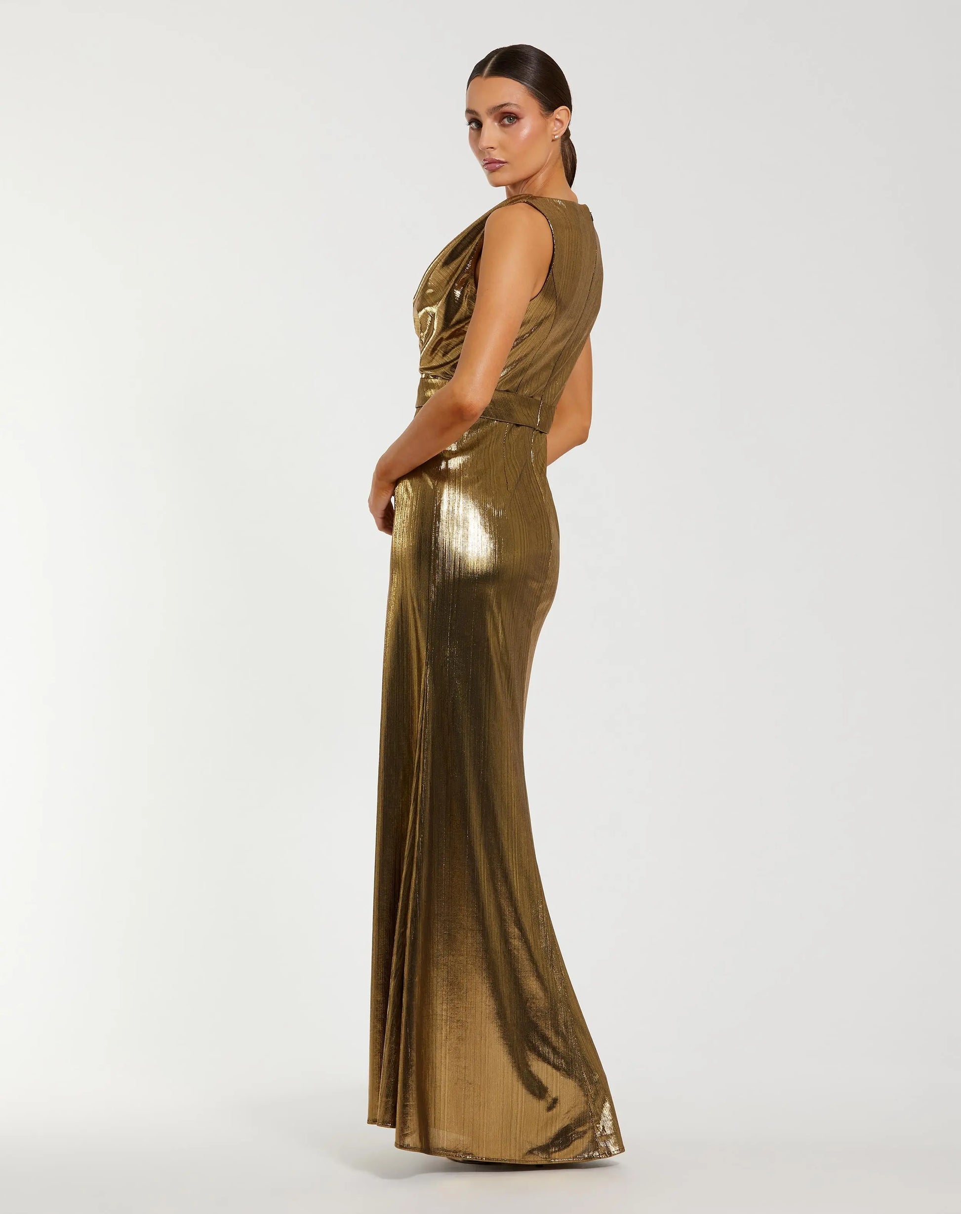 Gold Metallic Sleeveless Cowl Neck Trumpet Gown With Belt | Mac Duggal Gold Metallic Sleeveless Cowl Neck Trumpet Gown With Belt | Mac Duggal