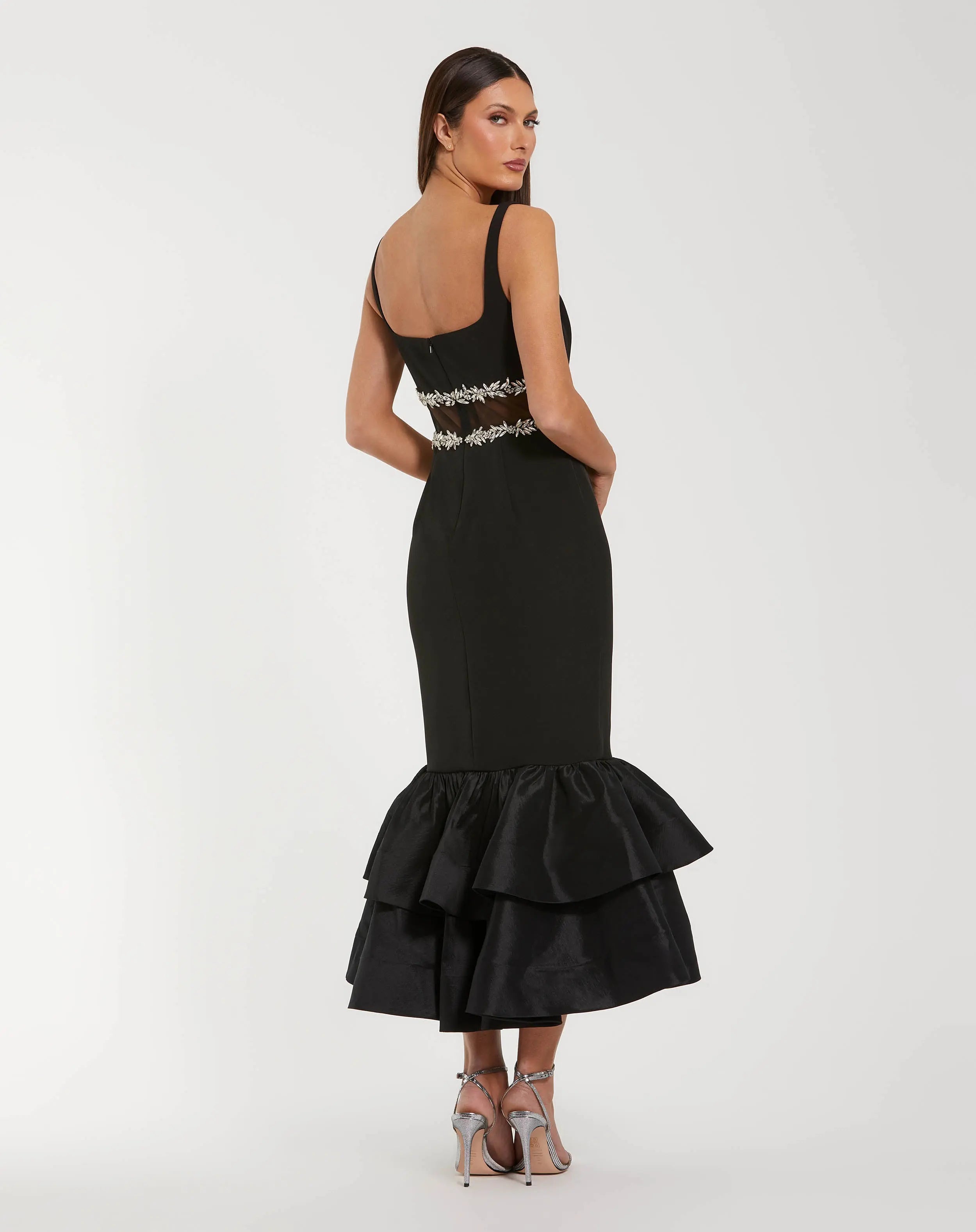 Black Crepe Ruffle Hem Midi Dress With Jewel Detail - Ieena for Mac Duggal
