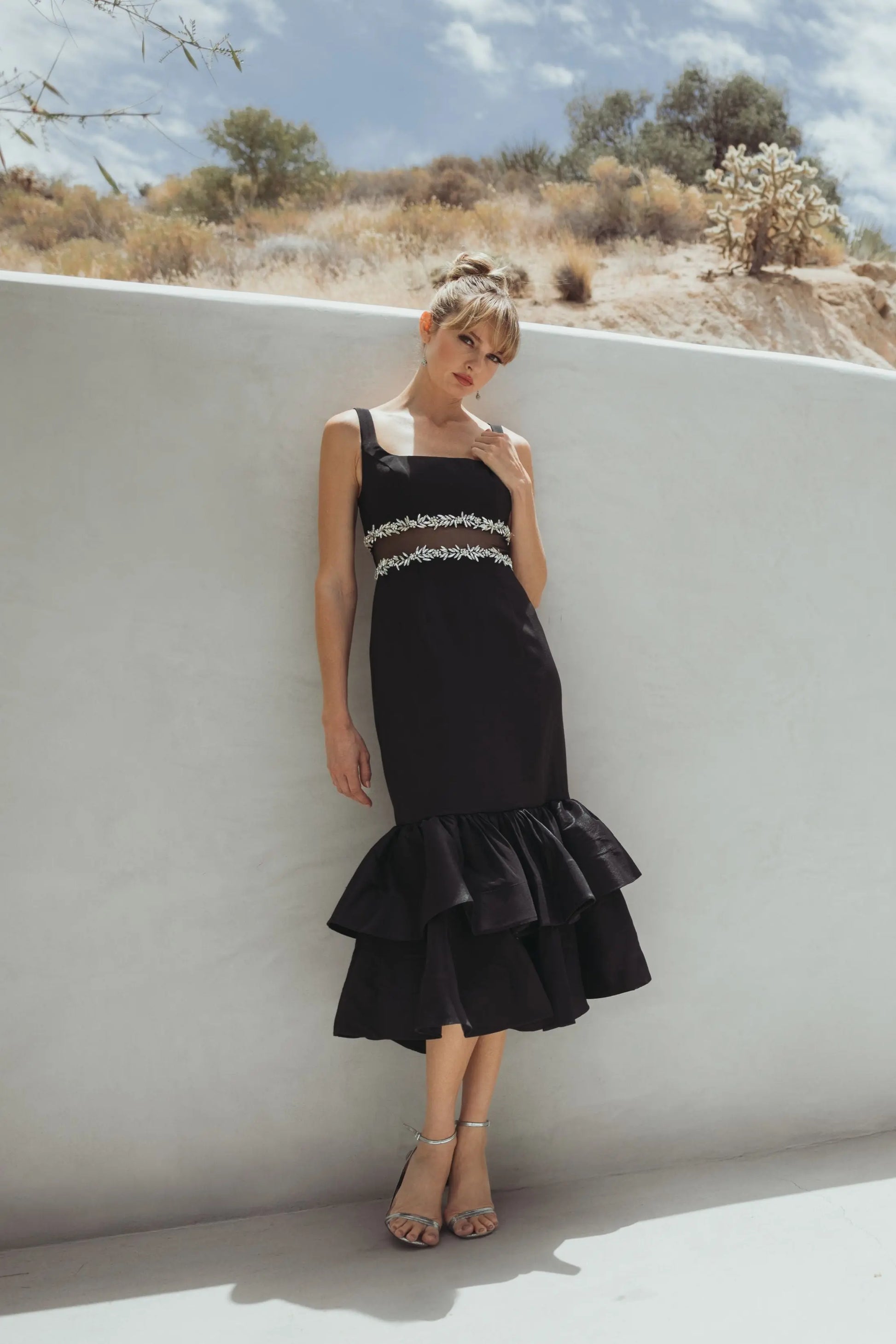 Black Crepe Ruffle Hem Midi Dress With Jewel Detail | Mac Duggal Black Crepe Ruffle Hem Midi Dress With Jewel Detail | Mac Duggal