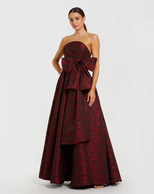 Dark Red Floral Brocade Strapless Gown With Bow - Ieena for Mac Duggal