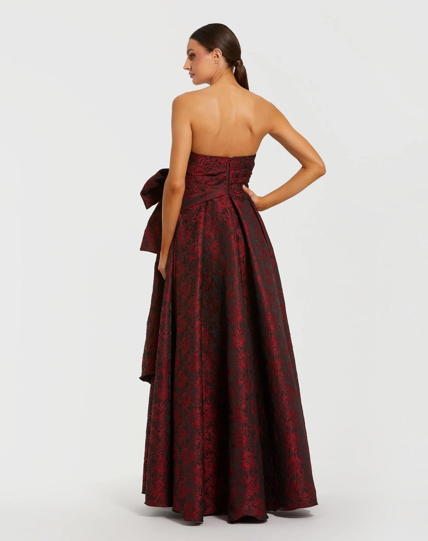 Dark Red Floral Brocade Strapless Gown With Bow - Ieena for Mac Duggal