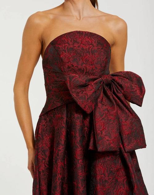 Dark Red Floral Brocade Strapless Gown With Bow Ieena for Mac Duggal