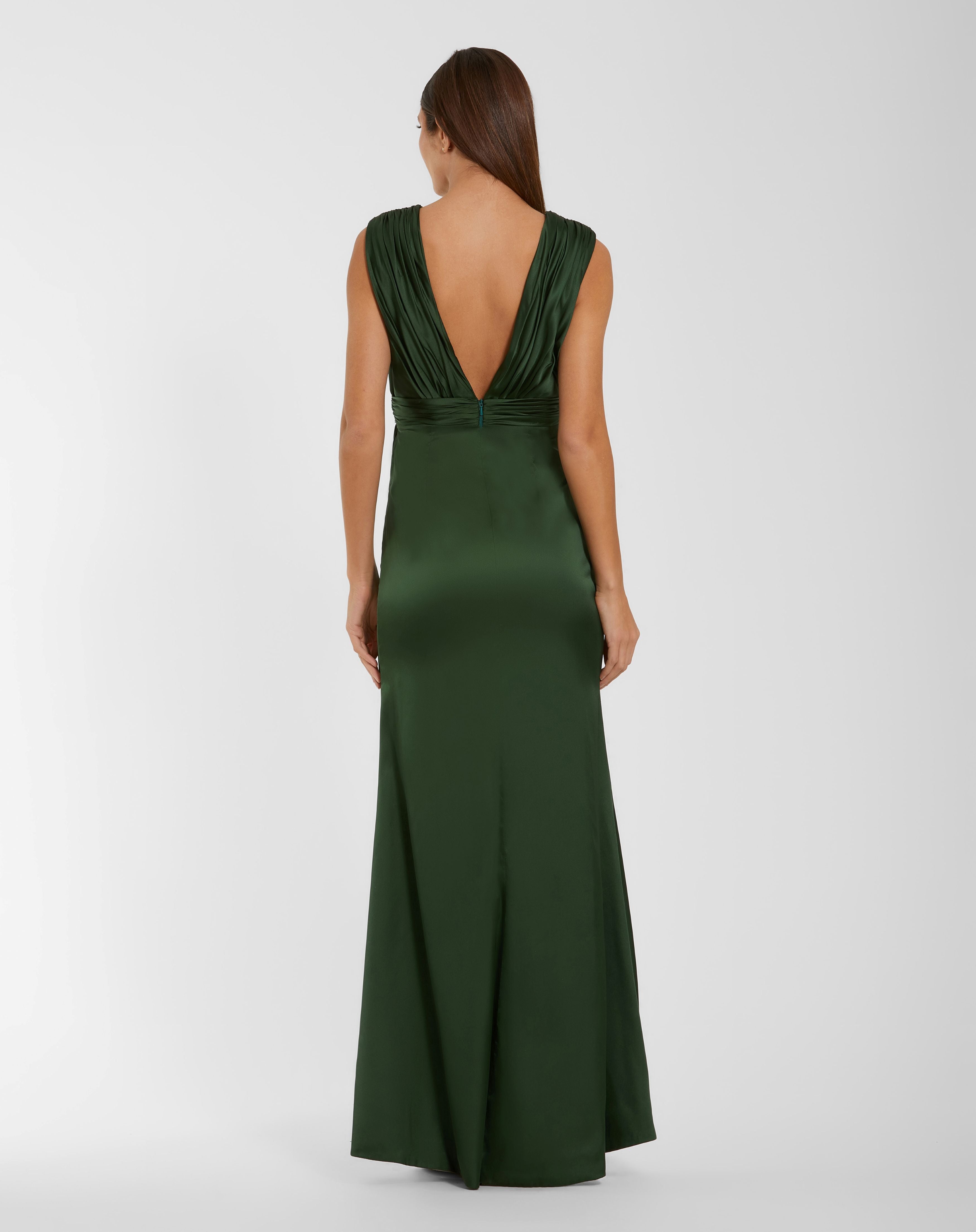 Green Charmeuse Plunge Neck Gown With 3D Flower | Mac Duggal