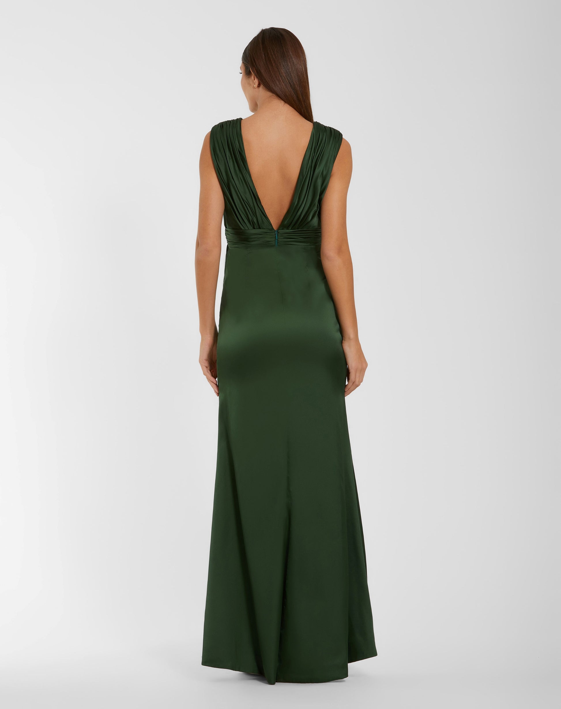 Green Charmeuse Plunge Neck Gown With 3D Flower - Ieena for Mac Duggal
