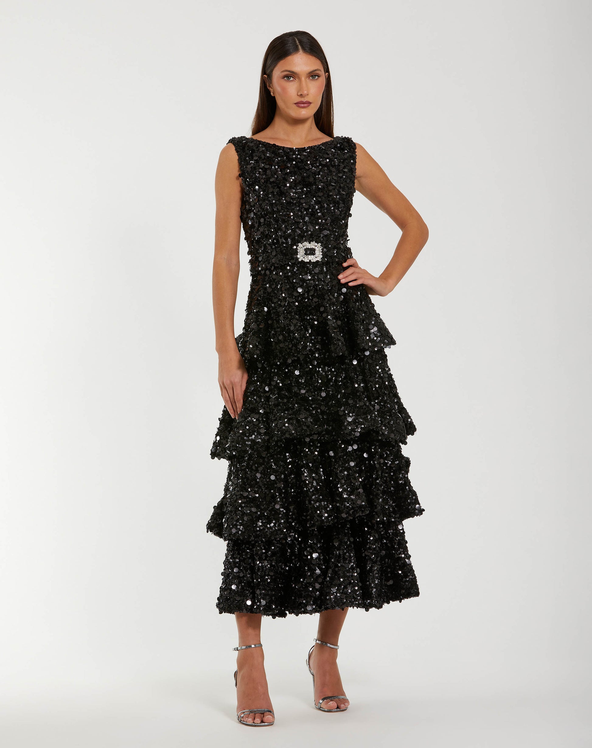 Black Sleeveless Sequin Ruffle Midi Dress With Belt - Ieena for Mac Duggal