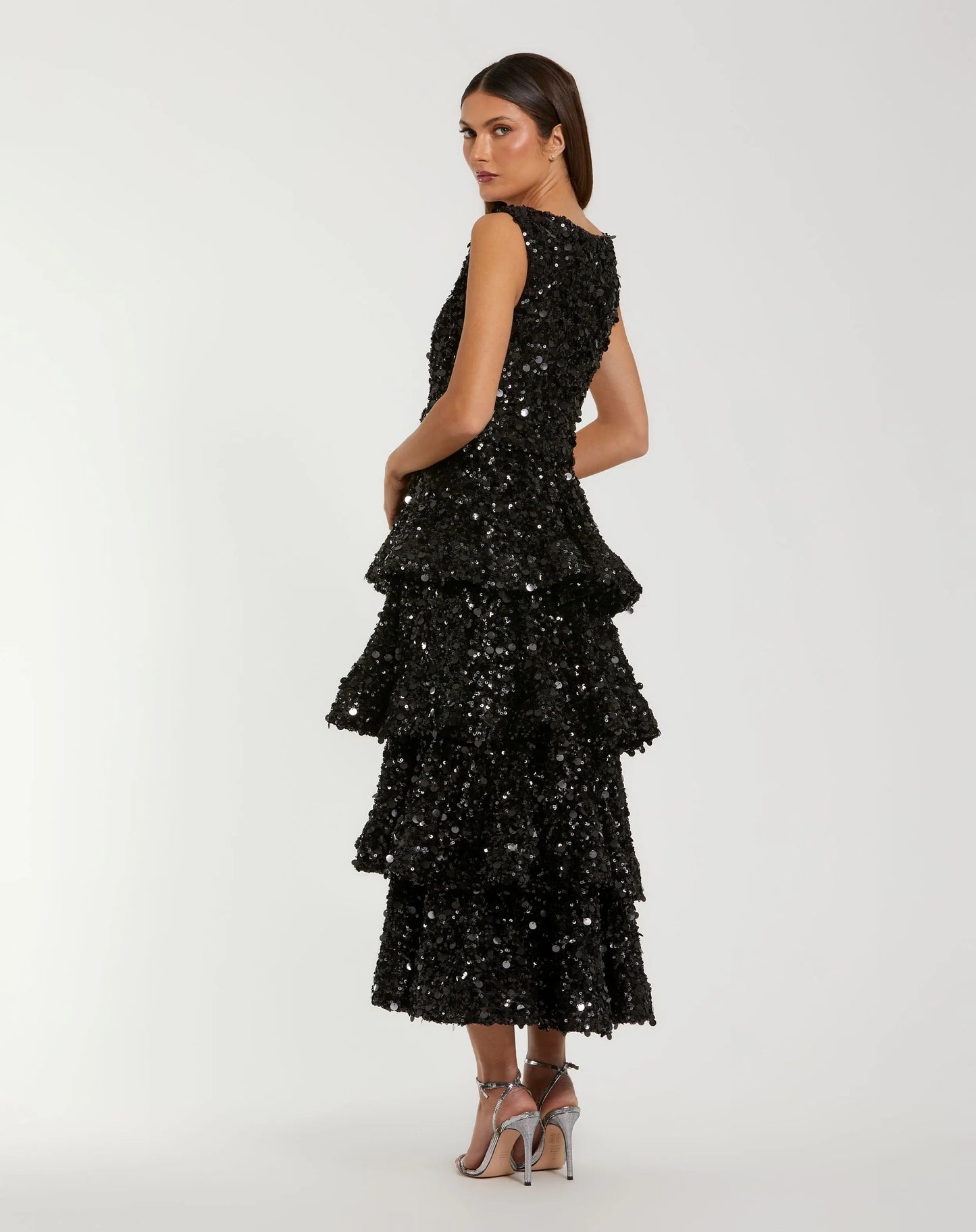 Black Sequin Ruffle Midi Dress with Belt | Mac Duggal Black Sequin Ruffle Midi Dress with Belt | Mac Duggal