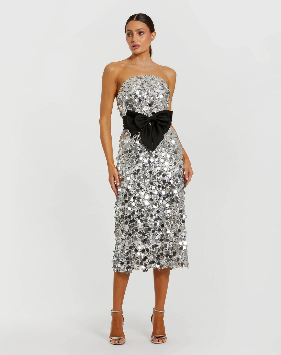 Silver Strapless Paillette Column Midi Dress With Bow | Mac Duggal Silver Strapless Paillette Column Midi Dress With Bow | Mac Duggal