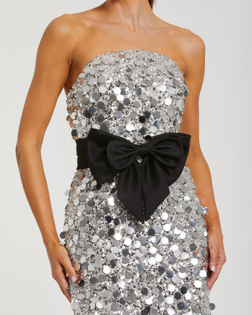 Silver Strapless Paillete Column Midi Dress With Bow - Mac Duggal 